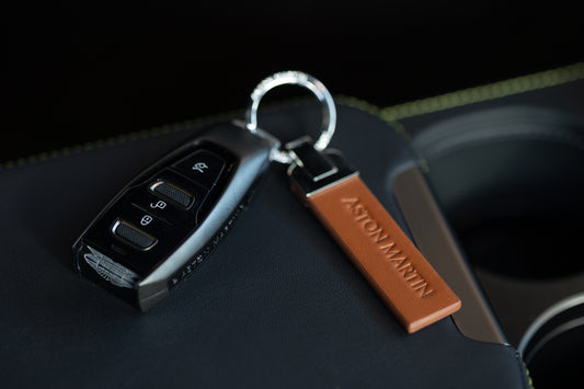 Aston Martin Leather Tab Keyring in Rich Tan Color