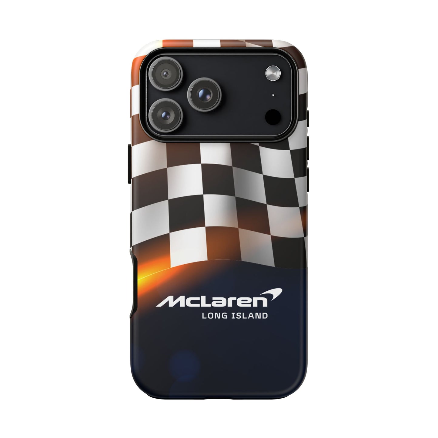 McLaren Long Island F1 Checkered Flag Impact-Resistant Phone Case | Durable Protection for Car Enthusiasts