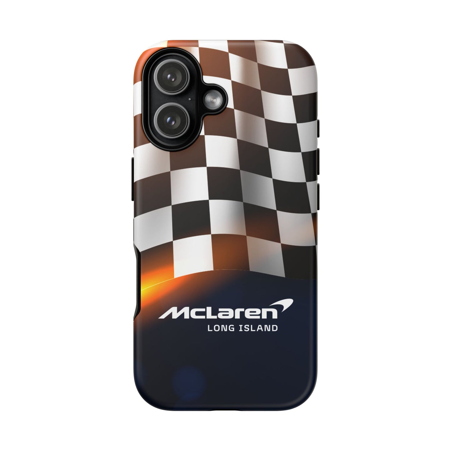 McLaren Long Island F1 Checkered Flag Impact-Resistant Phone Case | Durable Protection for Car Enthusiasts