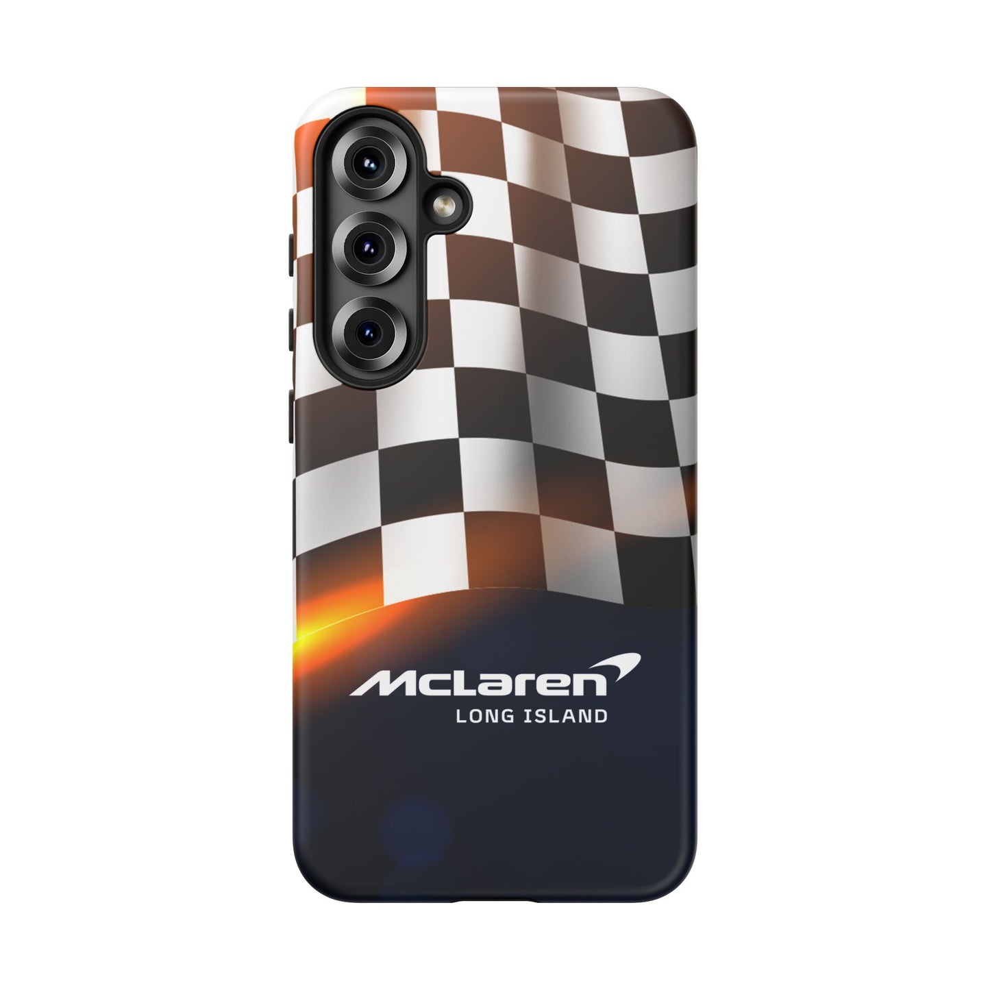 McLaren Long Island F1 Checkered Flag Impact-Resistant Phone Case | Durable Protection for Car Enthusiasts