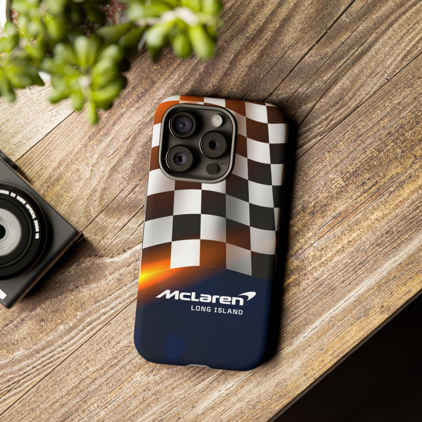 McLaren Long Island F1 Checkered Flag Impact-Resistant Phone Case | Durable Protection for Car Enthusiasts