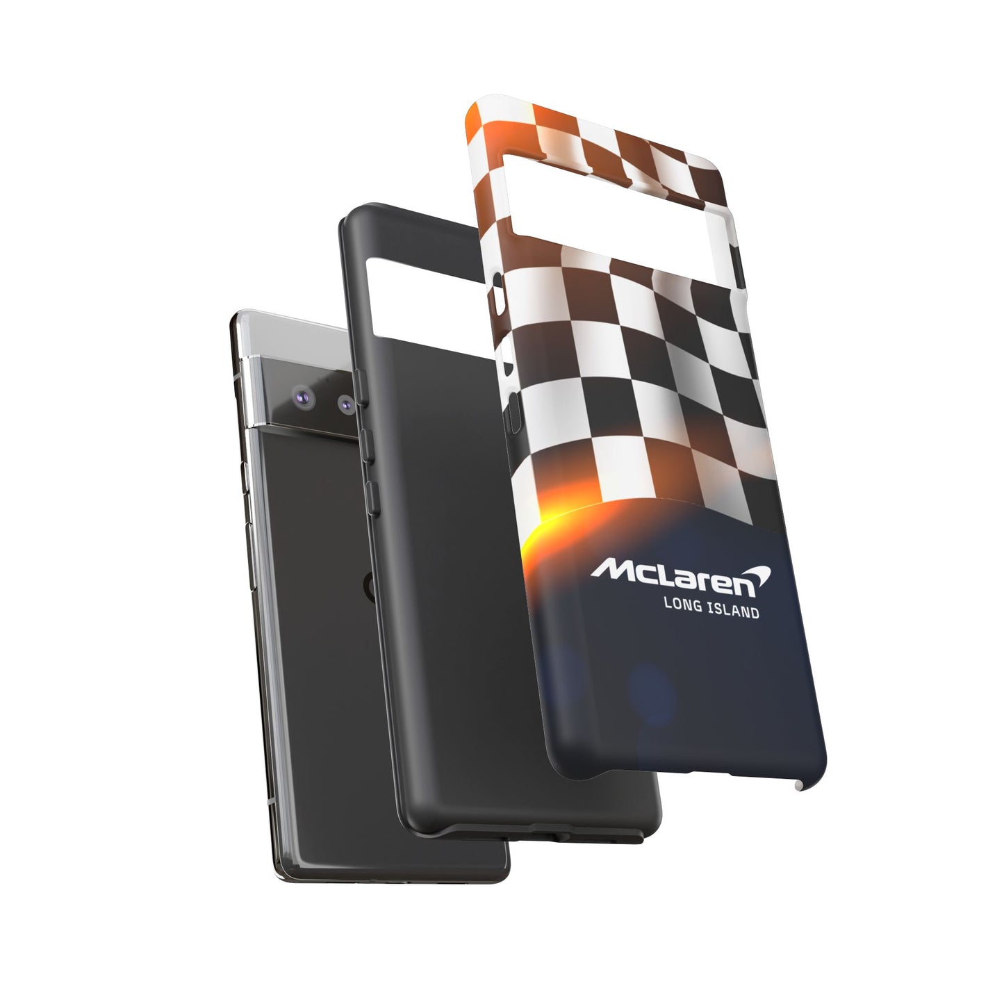 McLaren Long Island F1 Checkered Flag Impact-Resistant Phone Case | Durable Protection for Car Enthusiasts