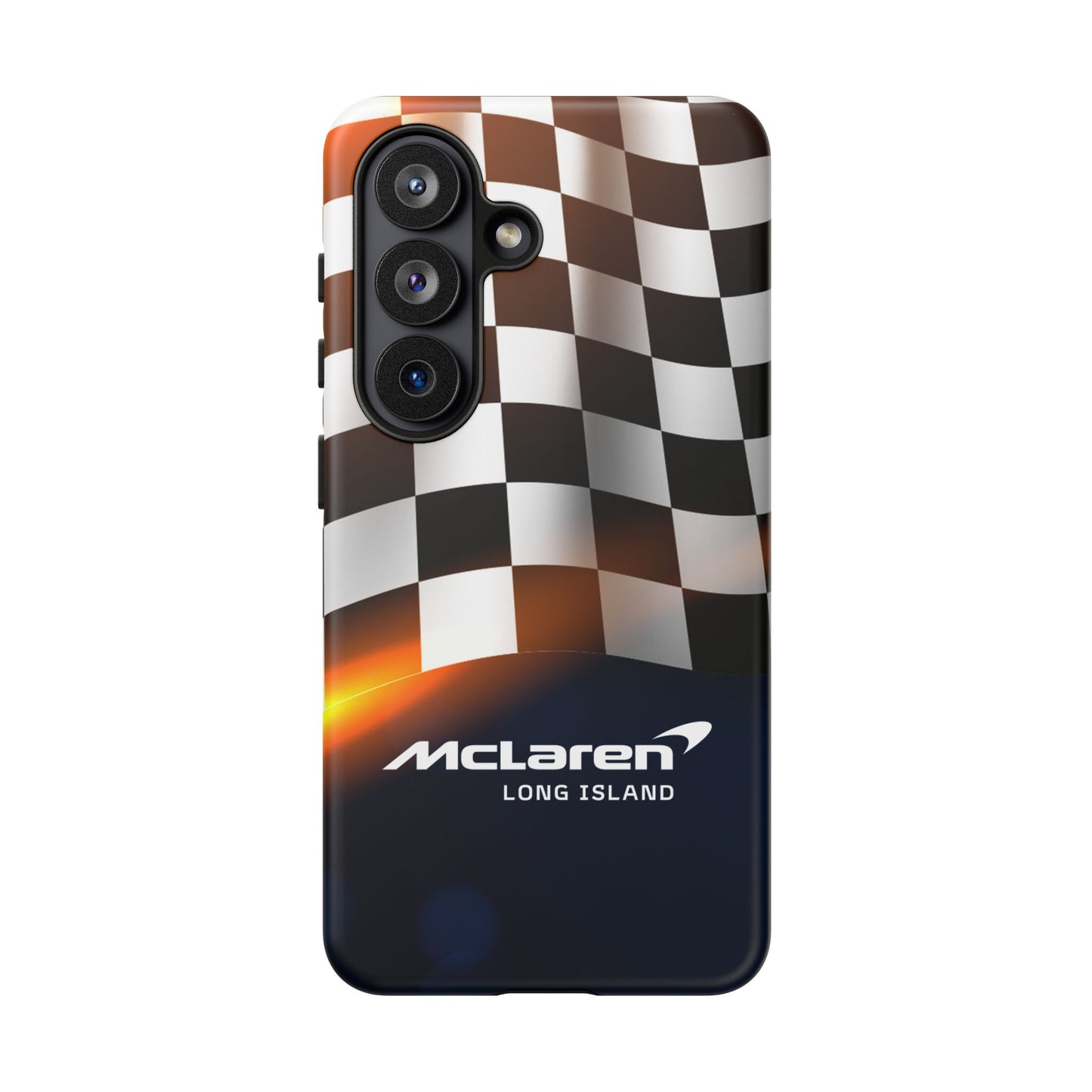 McLaren Long Island F1 Checkered Flag Impact-Resistant Phone Case | Durable Protection for Car Enthusiasts