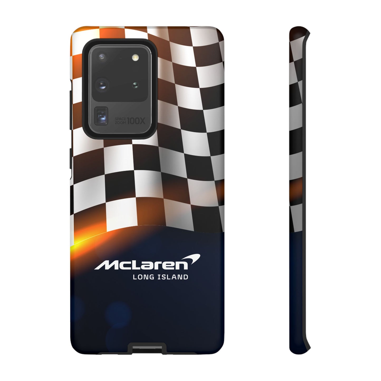 McLaren Long Island F1 Checkered Flag Impact-Resistant Phone Case | Durable Protection for Car Enthusiasts