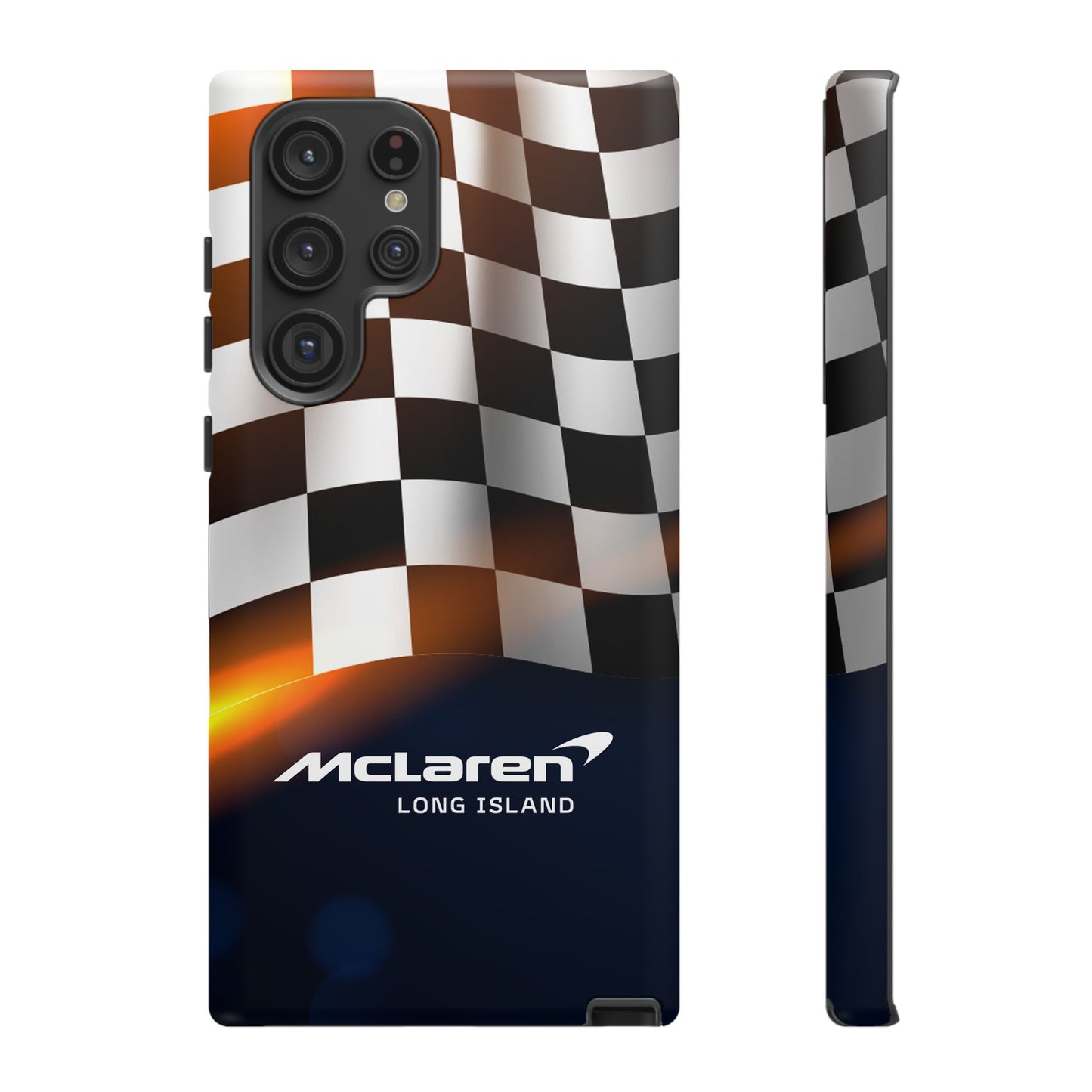 McLaren Long Island F1 Checkered Flag Impact-Resistant Phone Case | Durable Protection for Car Enthusiasts