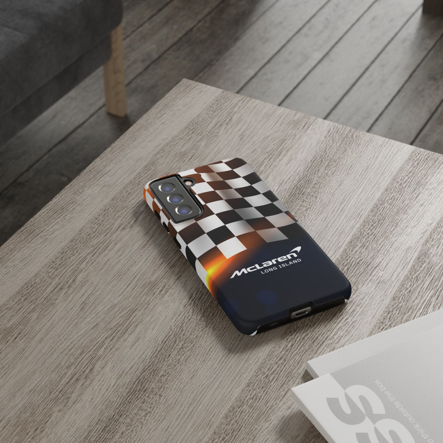 McLaren Long Island F1 Checkered Flag Impact-Resistant Phone Case | Durable Protection for Car Enthusiasts