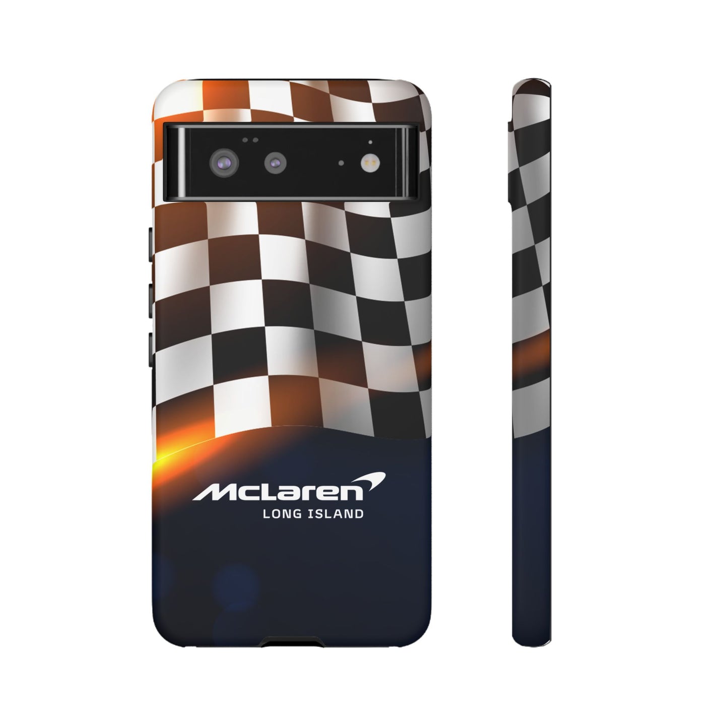 McLaren Long Island F1 Checkered Flag Impact-Resistant Phone Case | Durable Protection for Car Enthusiasts