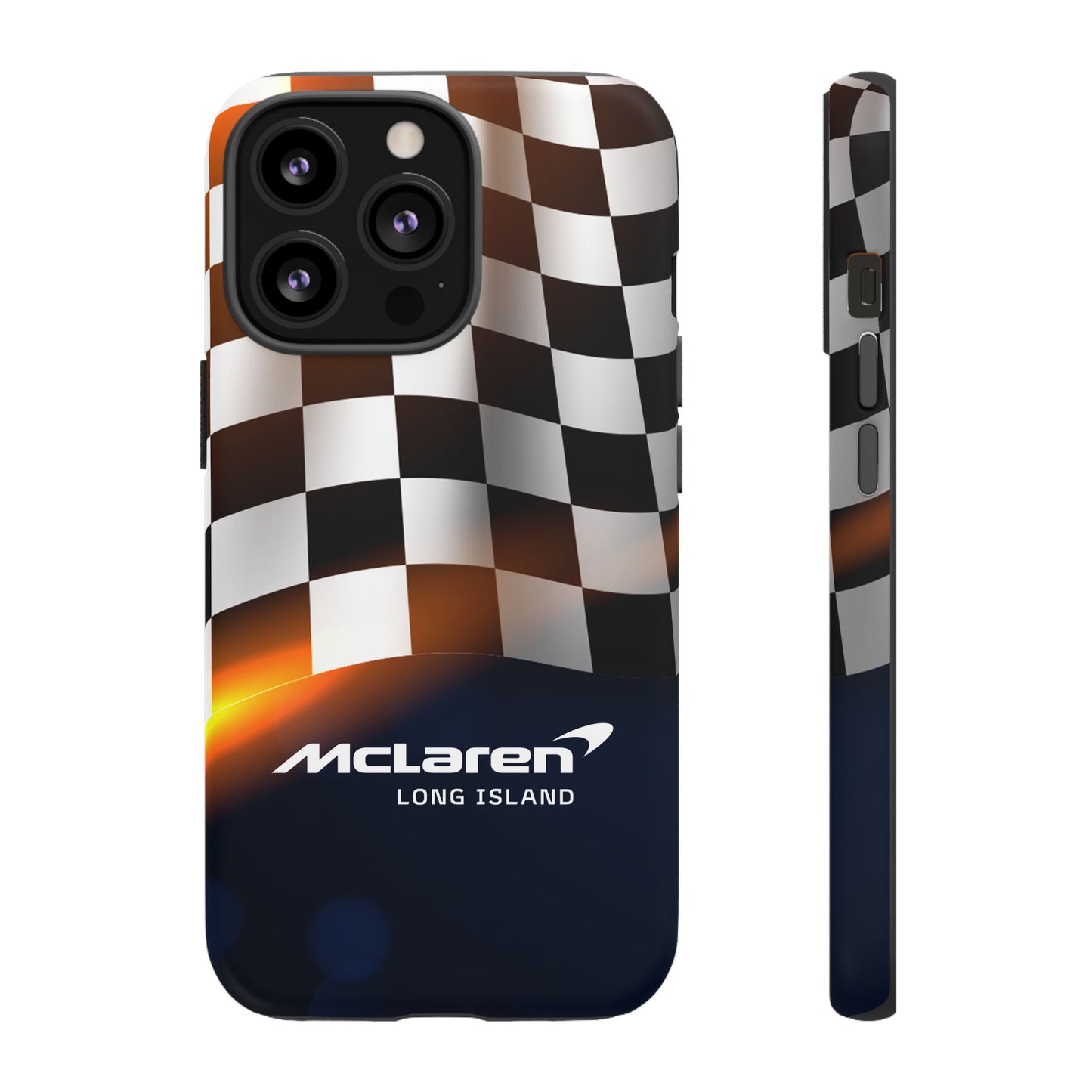 McLaren Long Island F1 Checkered Flag Impact-Resistant Phone Case | Durable Protection for Car Enthusiasts