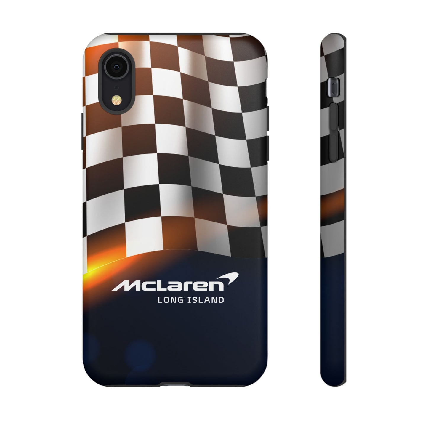McLaren Long Island F1 Checkered Flag Impact-Resistant Phone Case | Durable Protection for Car Enthusiasts