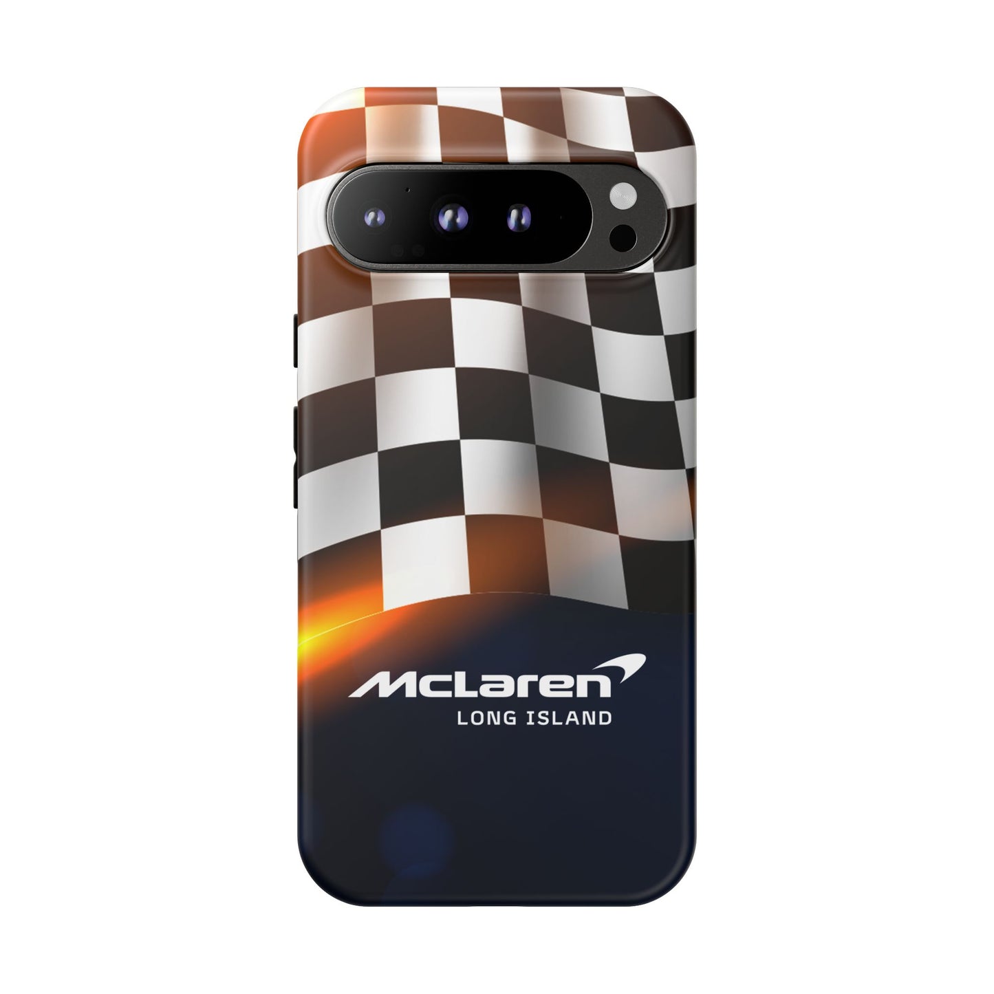 McLaren Long Island F1 Checkered Flag Impact-Resistant Phone Case | Durable Protection for Car Enthusiasts