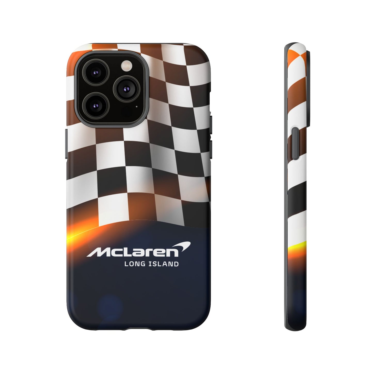 McLaren Long Island F1 Checkered Flag Impact-Resistant Phone Case | Durable Protection for Car Enthusiasts