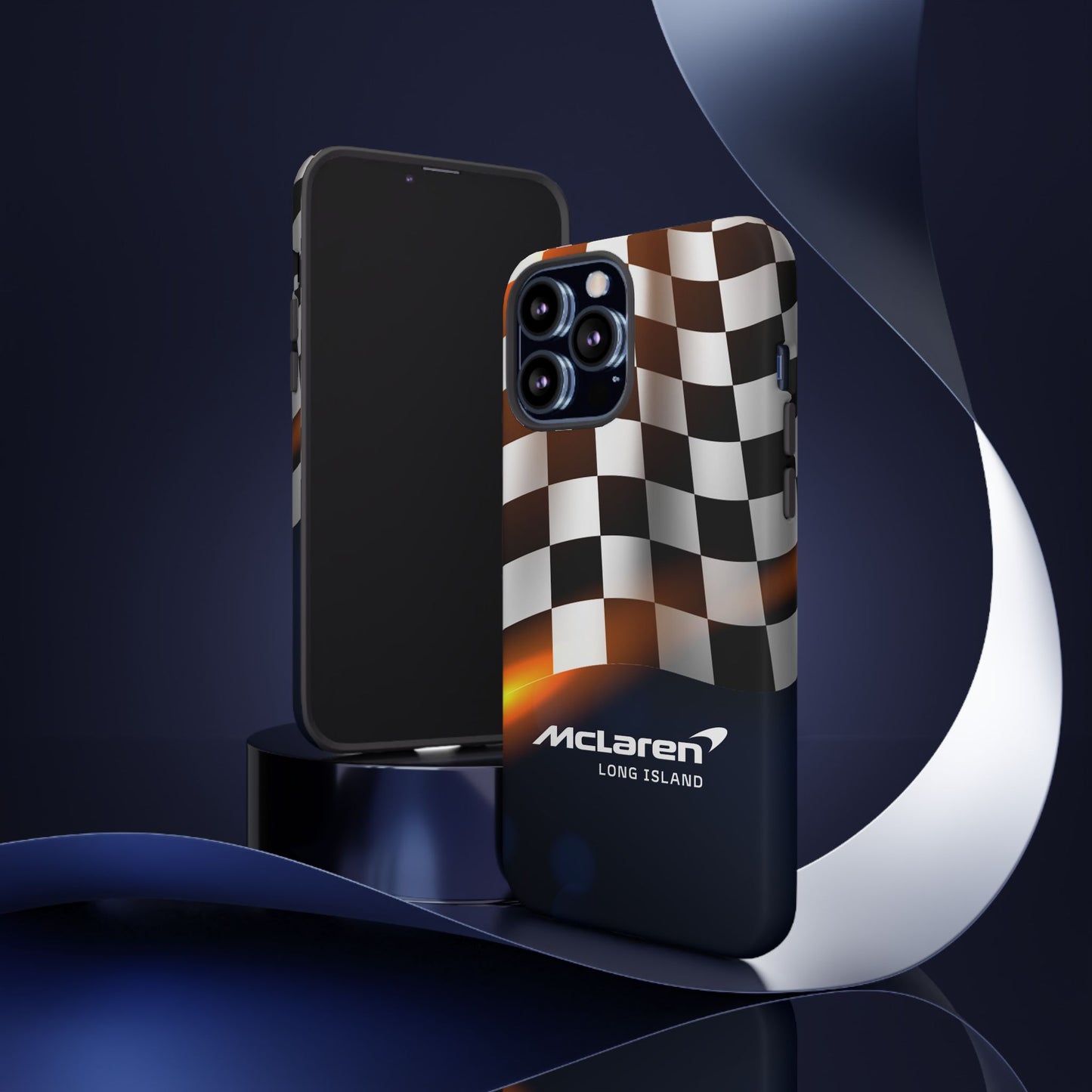 McLaren Long Island F1 Checkered Flag Impact-Resistant Phone Case | Durable Protection for Car Enthusiasts