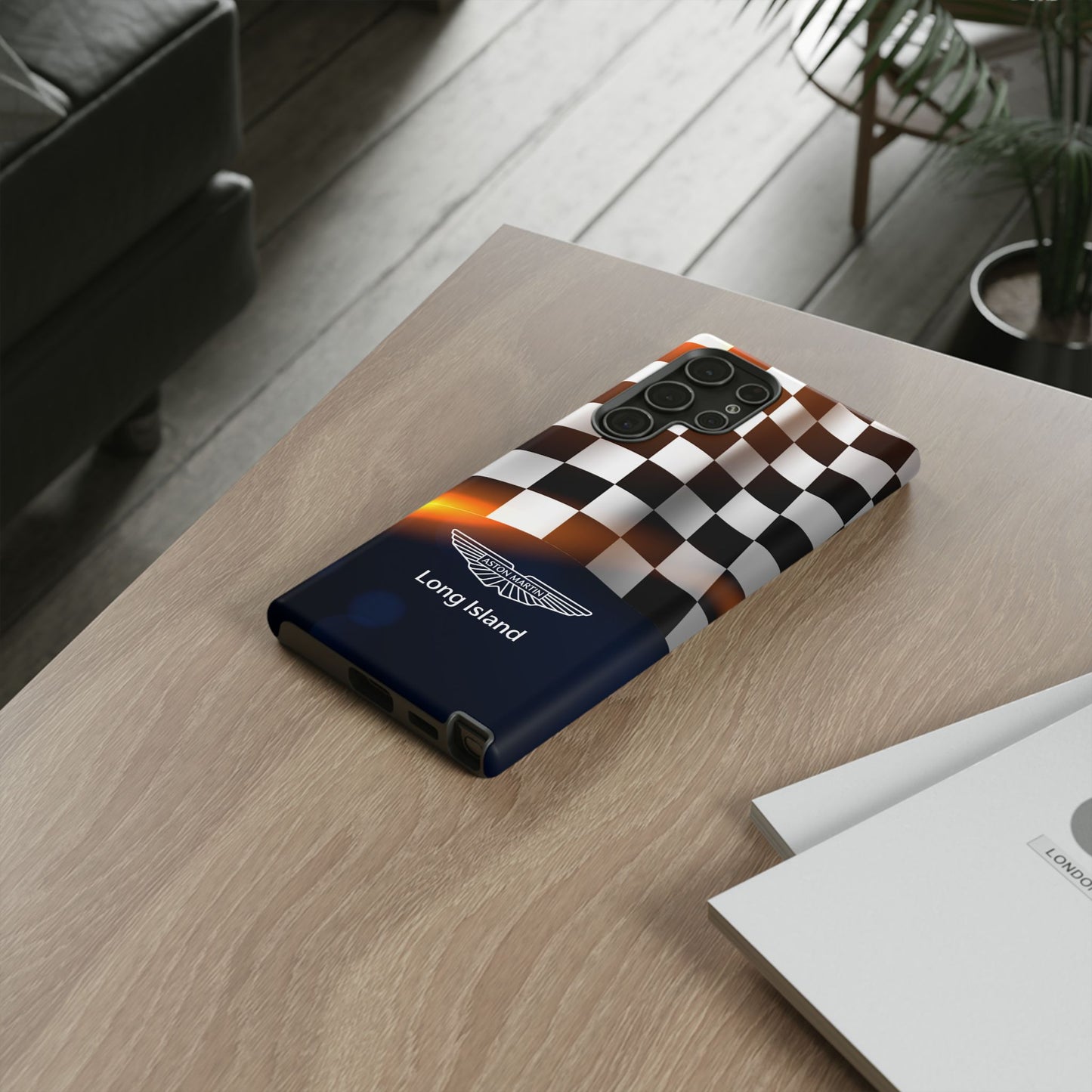 Aston Martin Long Island F1 Checkered Flag Impact-Resistant Phone Case | Durable Protection for Car Enthusiasts