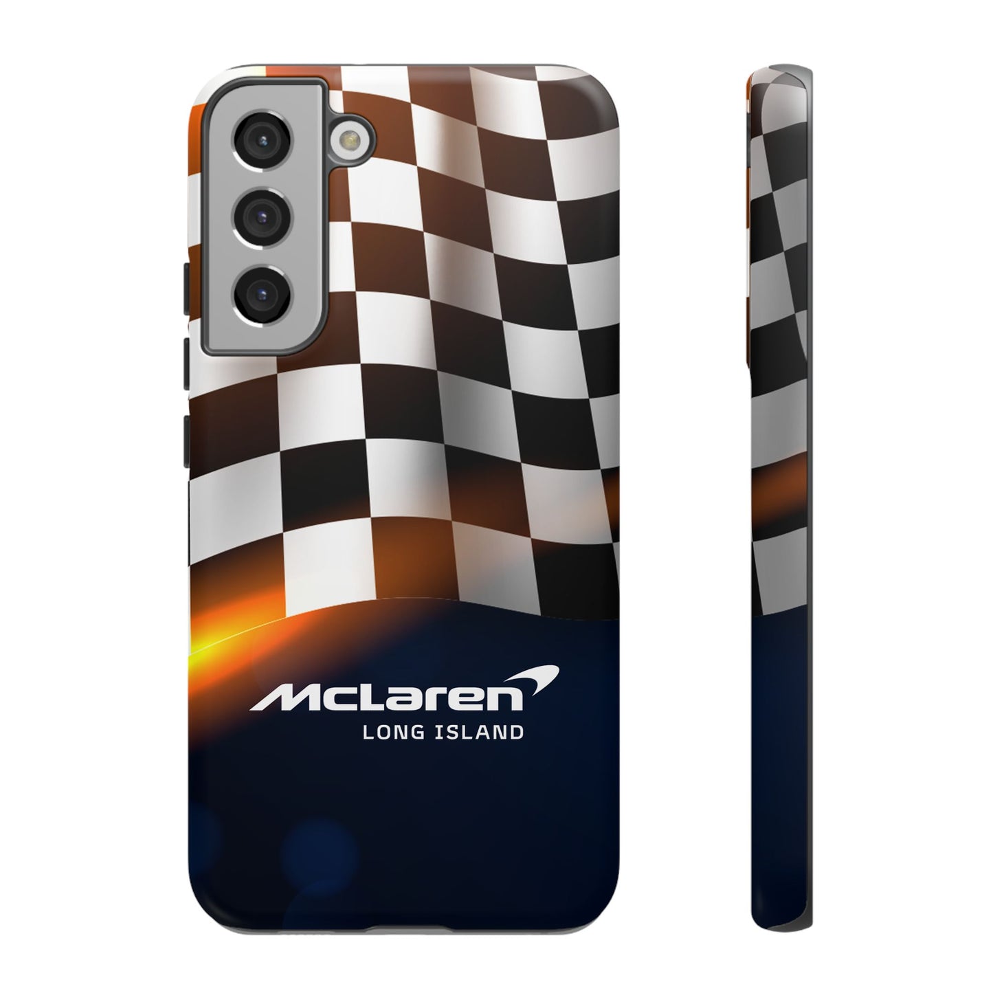 McLaren Long Island F1 Checkered Flag Impact-Resistant Phone Case | Durable Protection for Car Enthusiasts