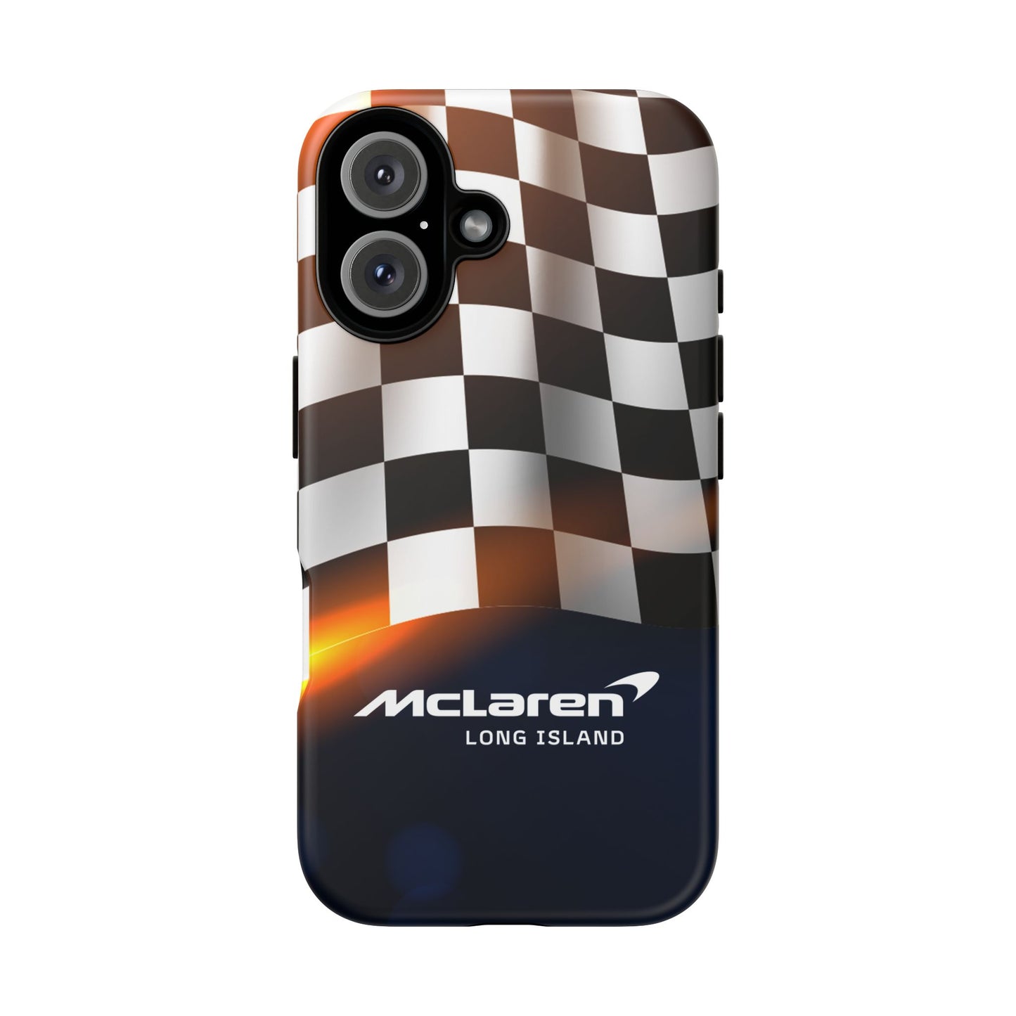 McLaren Long Island F1 Checkered Flag Impact-Resistant Phone Case | Durable Protection for Car Enthusiasts