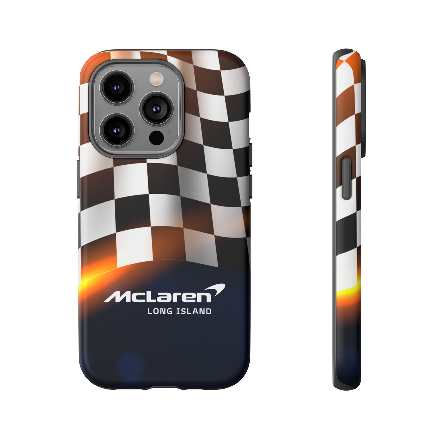 McLaren Long Island F1 Checkered Flag Impact-Resistant Phone Case | Durable Protection for Car Enthusiasts