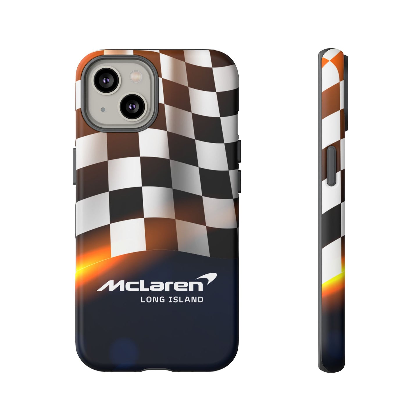McLaren Long Island F1 Checkered Flag Impact-Resistant Phone Case | Durable Protection for Car Enthusiasts