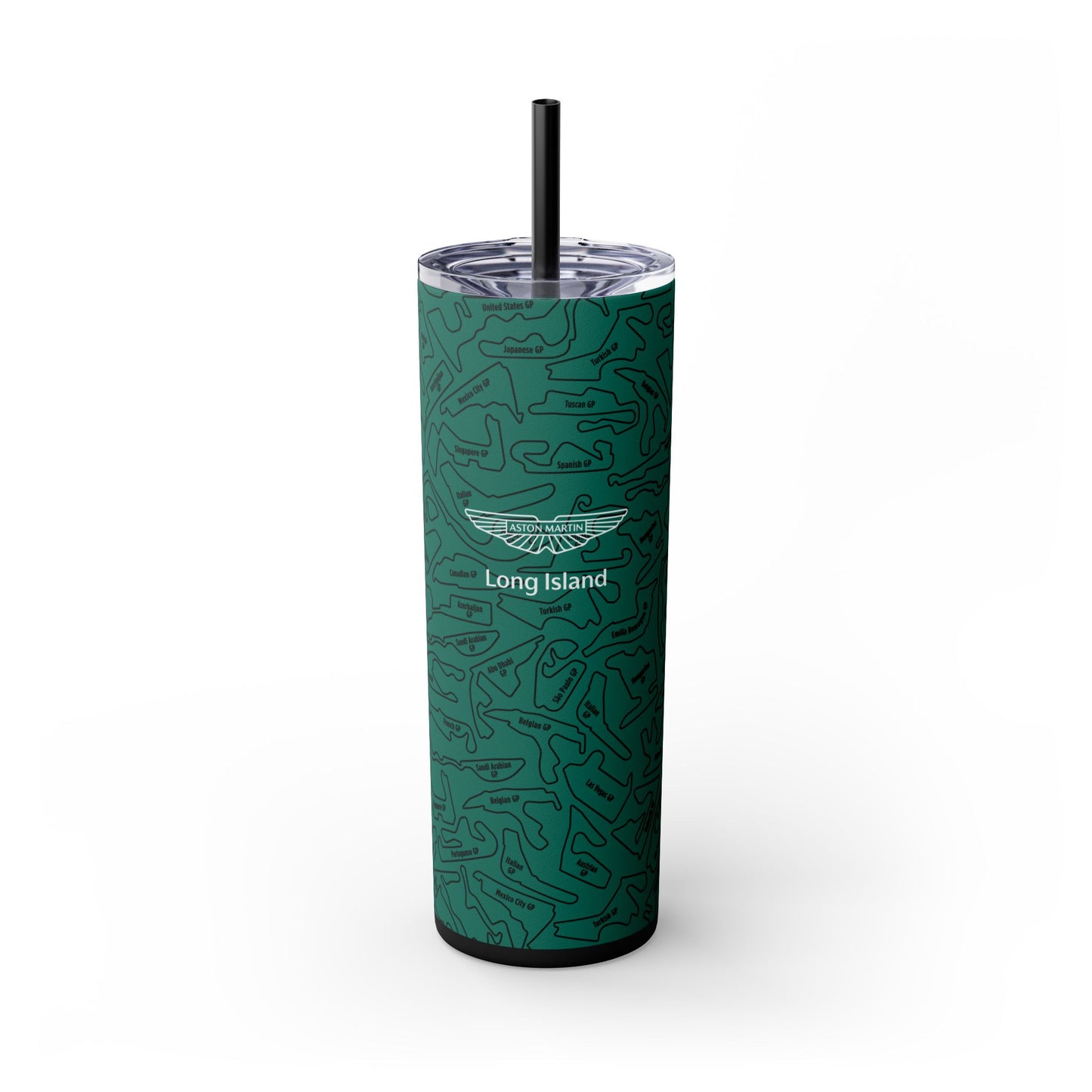 Aston Martin Long Island F1 Race Tracks 20oz Skinny Tumbler with Straw - Sleek Travel Mug for Car Enthusiasts