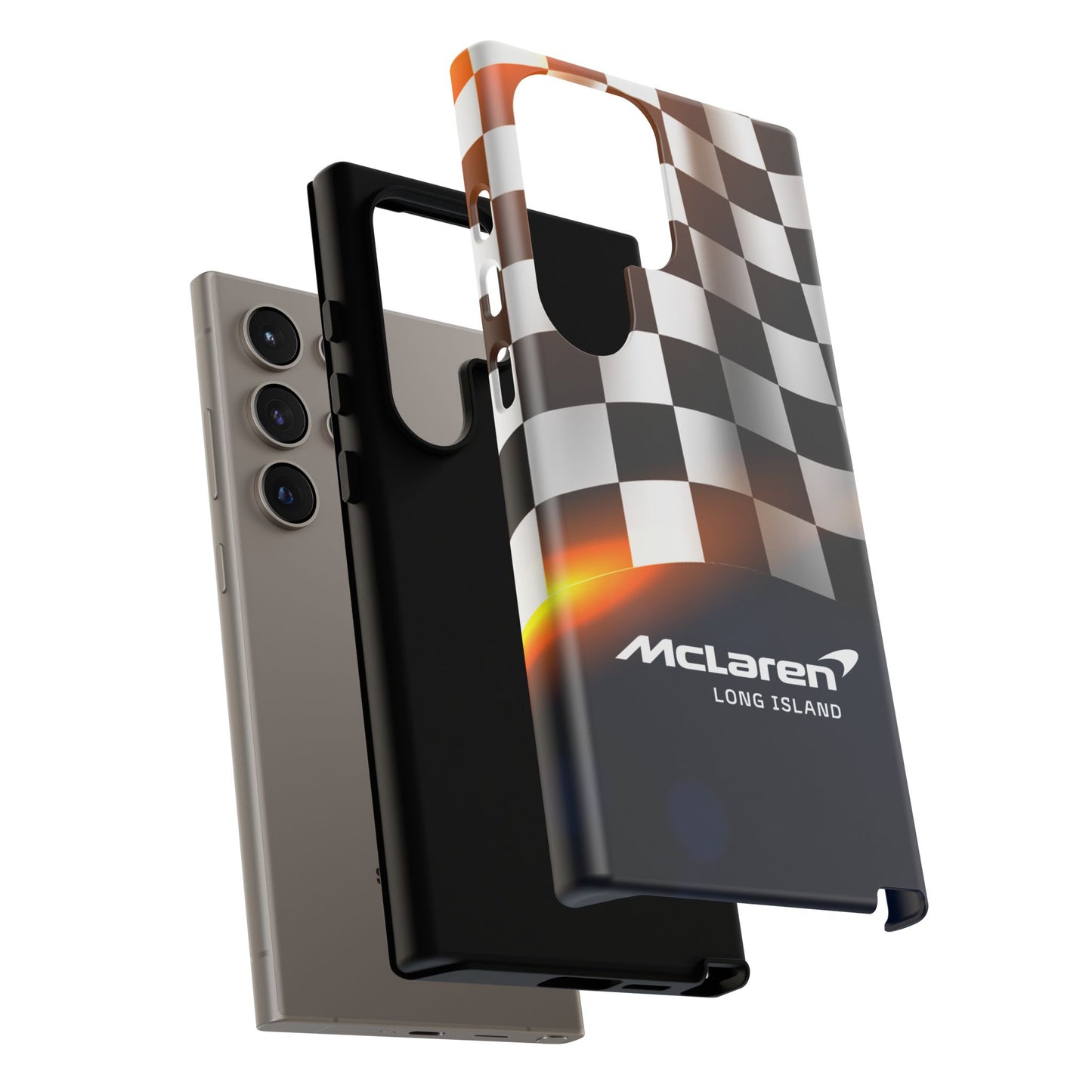 McLaren Long Island F1 Checkered Flag Impact-Resistant Phone Case | Durable Protection for Car Enthusiasts