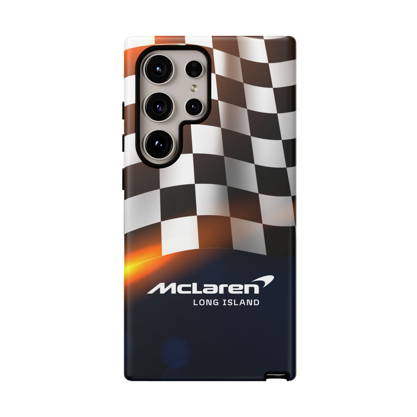 McLaren Long Island F1 Checkered Flag Impact-Resistant Phone Case | Durable Protection for Car Enthusiasts