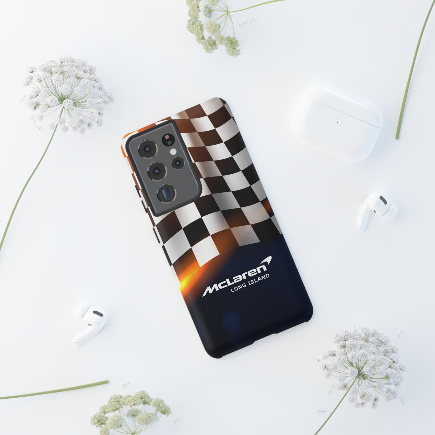 McLaren Long Island F1 Checkered Flag Impact-Resistant Phone Case | Durable Protection for Car Enthusiasts