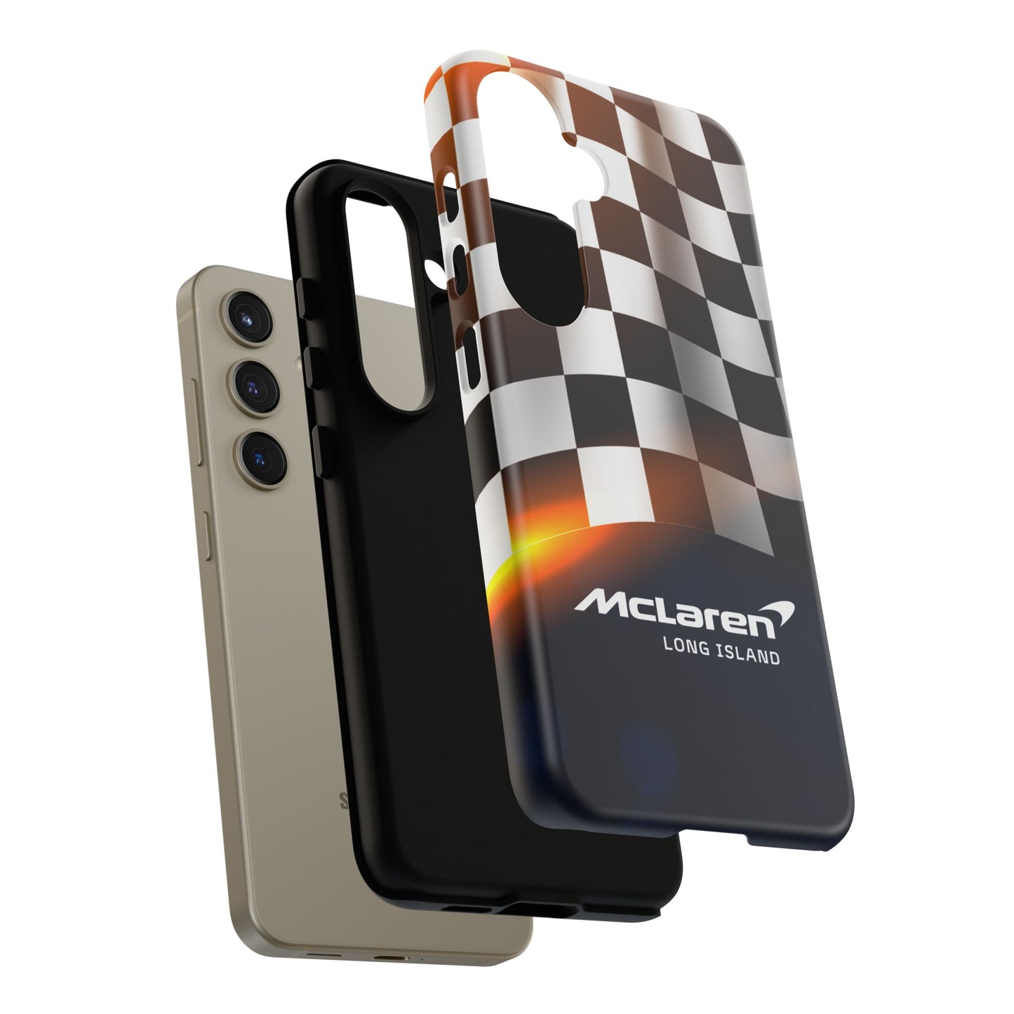 McLaren Long Island F1 Checkered Flag Impact-Resistant Phone Case | Durable Protection for Car Enthusiasts