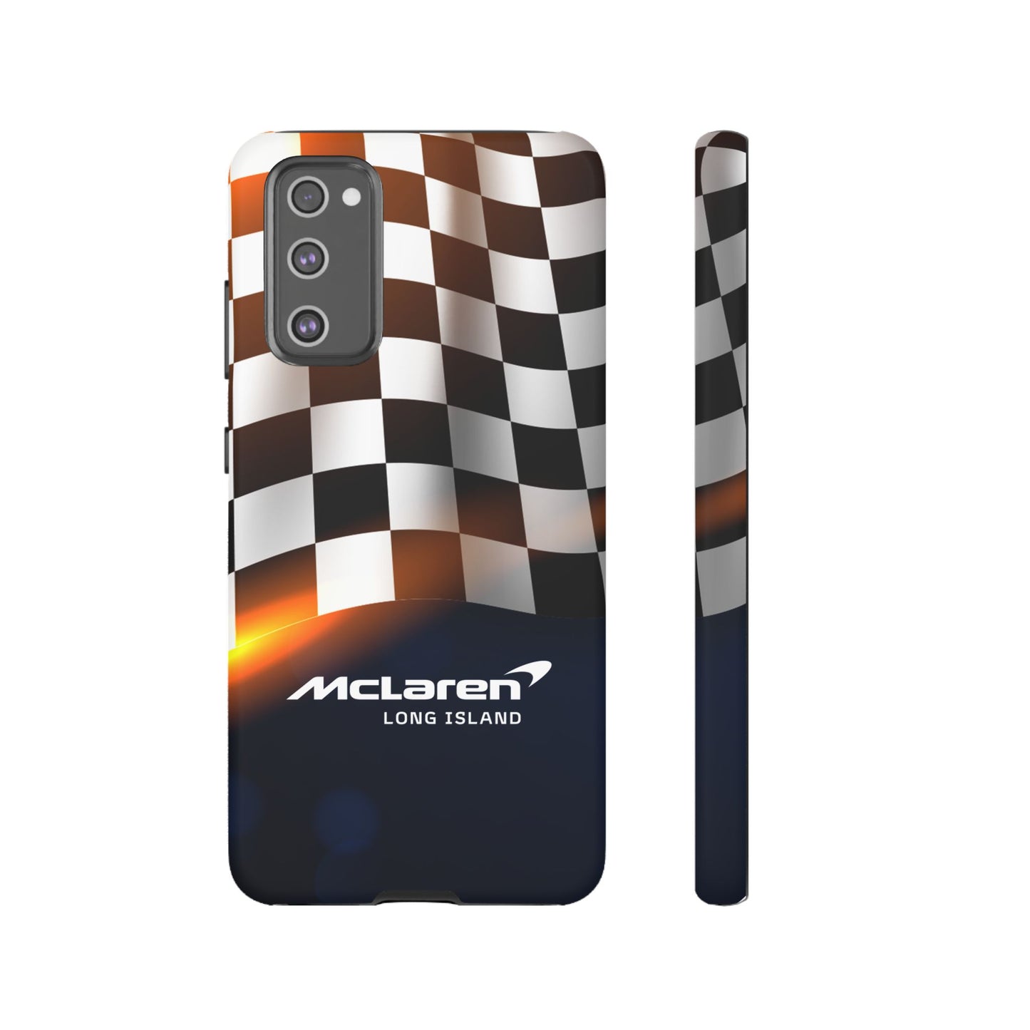 McLaren Long Island F1 Checkered Flag Impact-Resistant Phone Case | Durable Protection for Car Enthusiasts