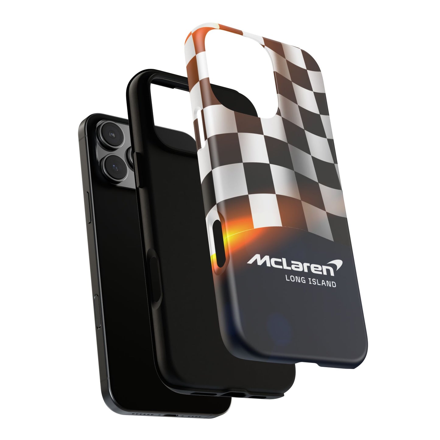 McLaren Long Island F1 Checkered Flag Impact-Resistant Phone Case | Durable Protection for Car Enthusiasts