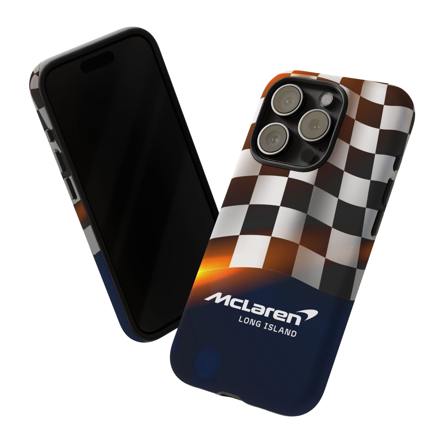 McLaren Long Island F1 Checkered Flag Impact-Resistant Phone Case | Durable Protection for Car Enthusiasts