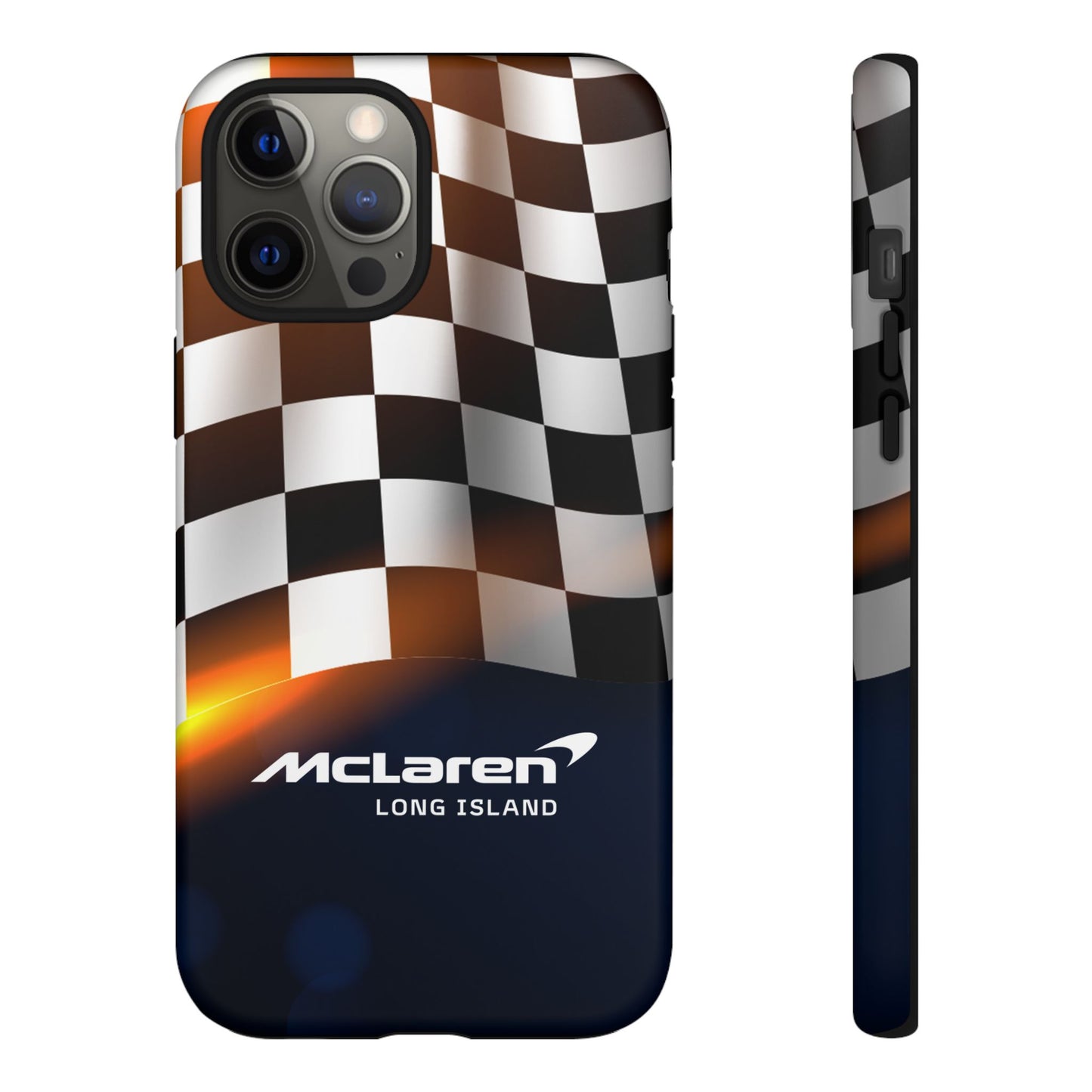 McLaren Long Island F1 Checkered Flag Impact-Resistant Phone Case | Durable Protection for Car Enthusiasts