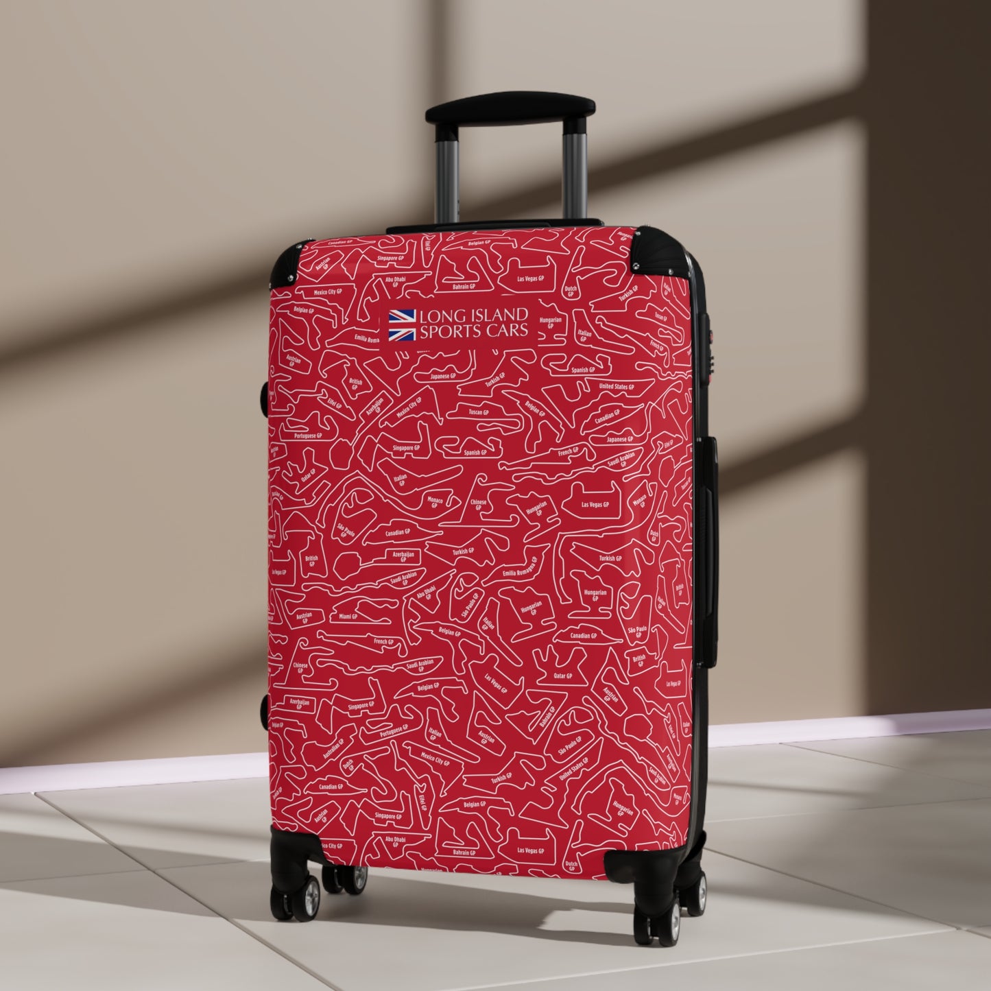Long Island Sports Cars Vibrant Red F1 Racetrack Suitcase