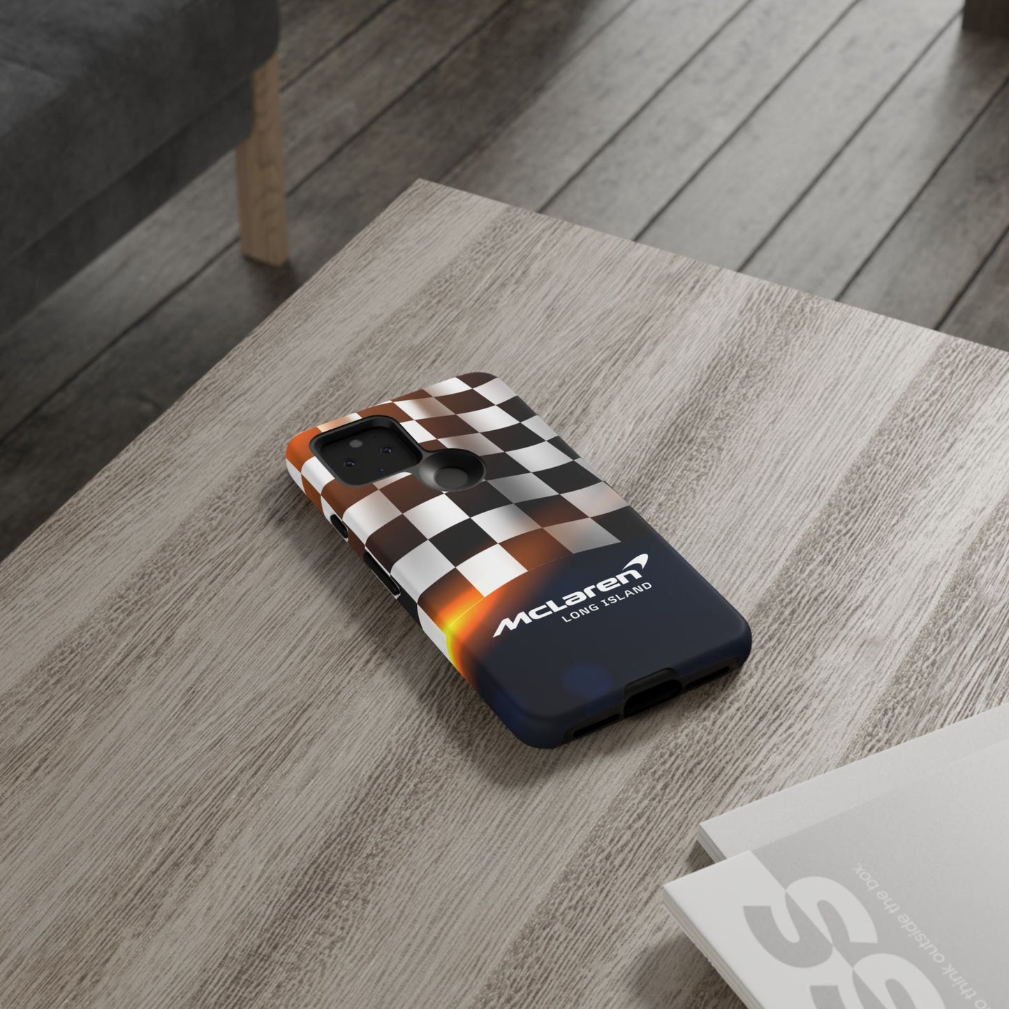 McLaren Long Island F1 Checkered Flag Impact-Resistant Phone Case | Durable Protection for Car Enthusiasts
