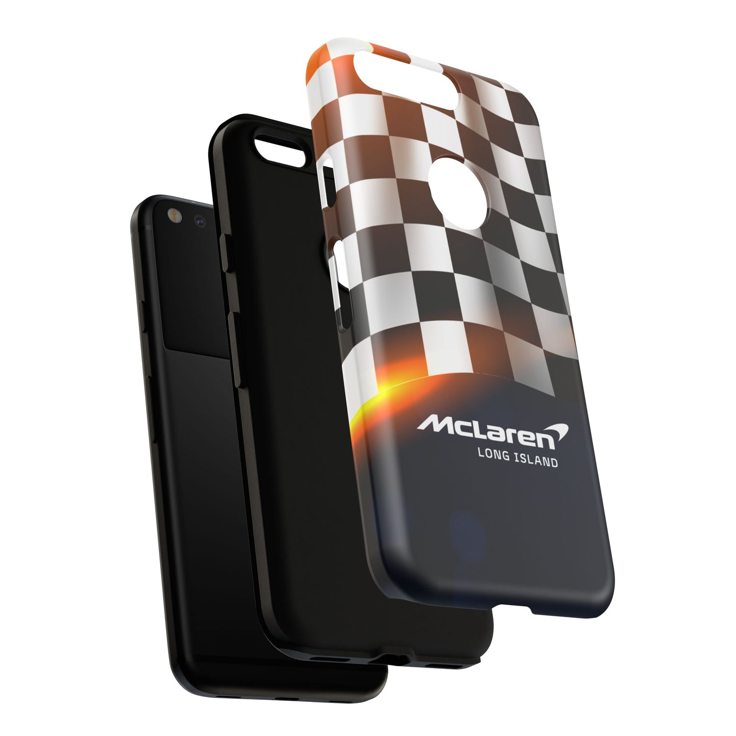 McLaren Long Island F1 Checkered Flag Impact-Resistant Phone Case | Durable Protection for Car Enthusiasts