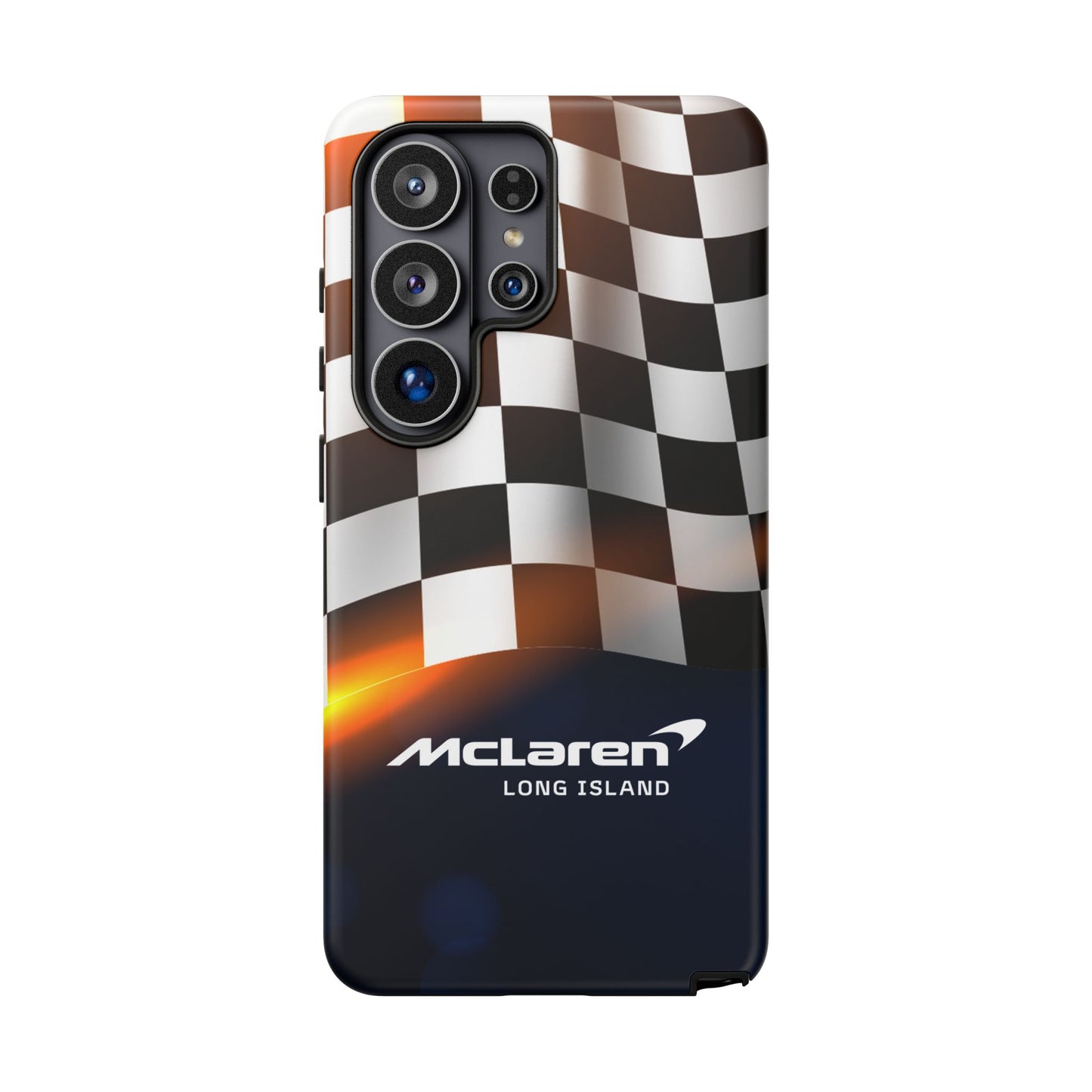 McLaren Long Island F1 Checkered Flag Impact-Resistant Phone Case | Durable Protection for Car Enthusiasts