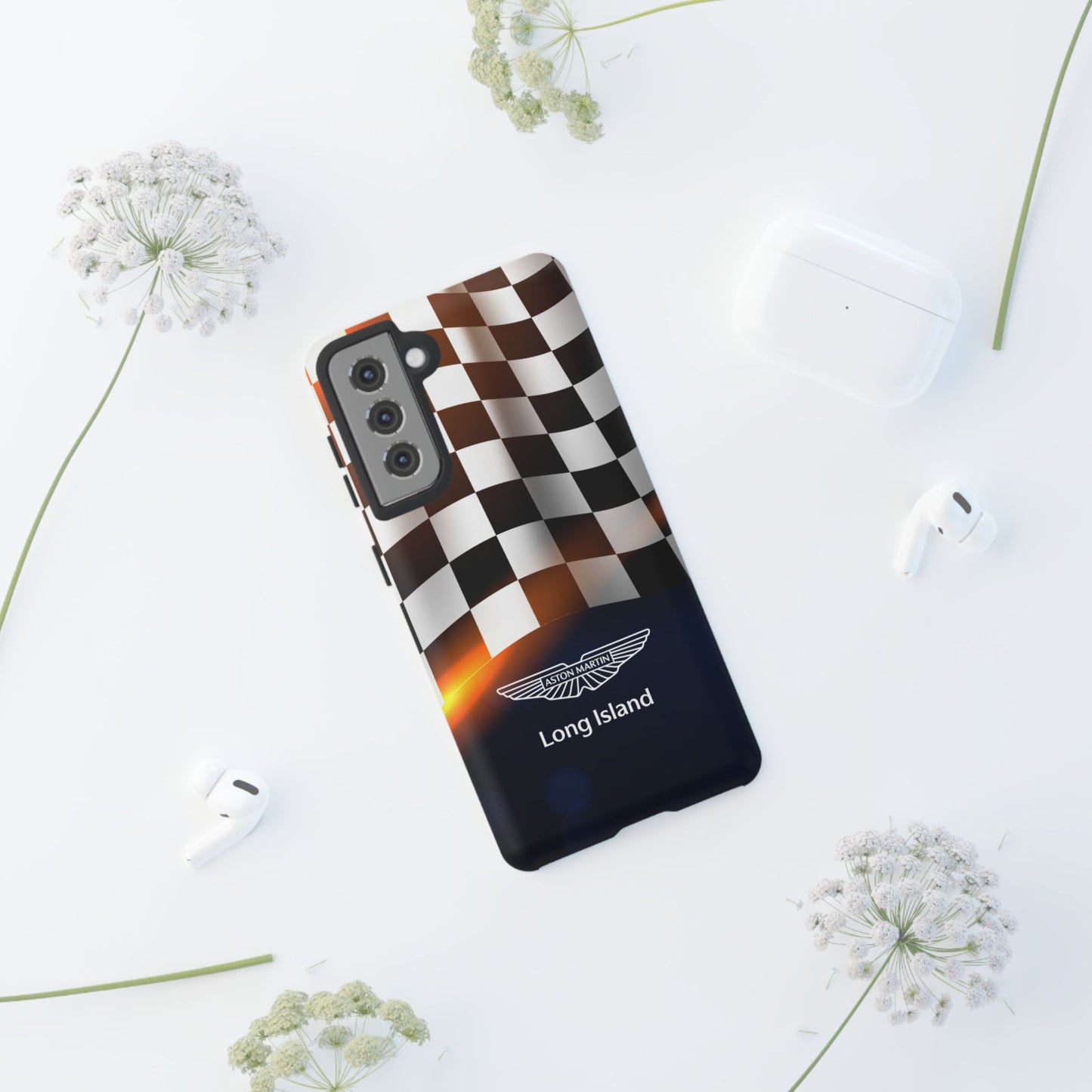 Aston Martin Long Island F1 Checkered Flag Impact-Resistant Phone Case | Durable Protection for Car Enthusiasts