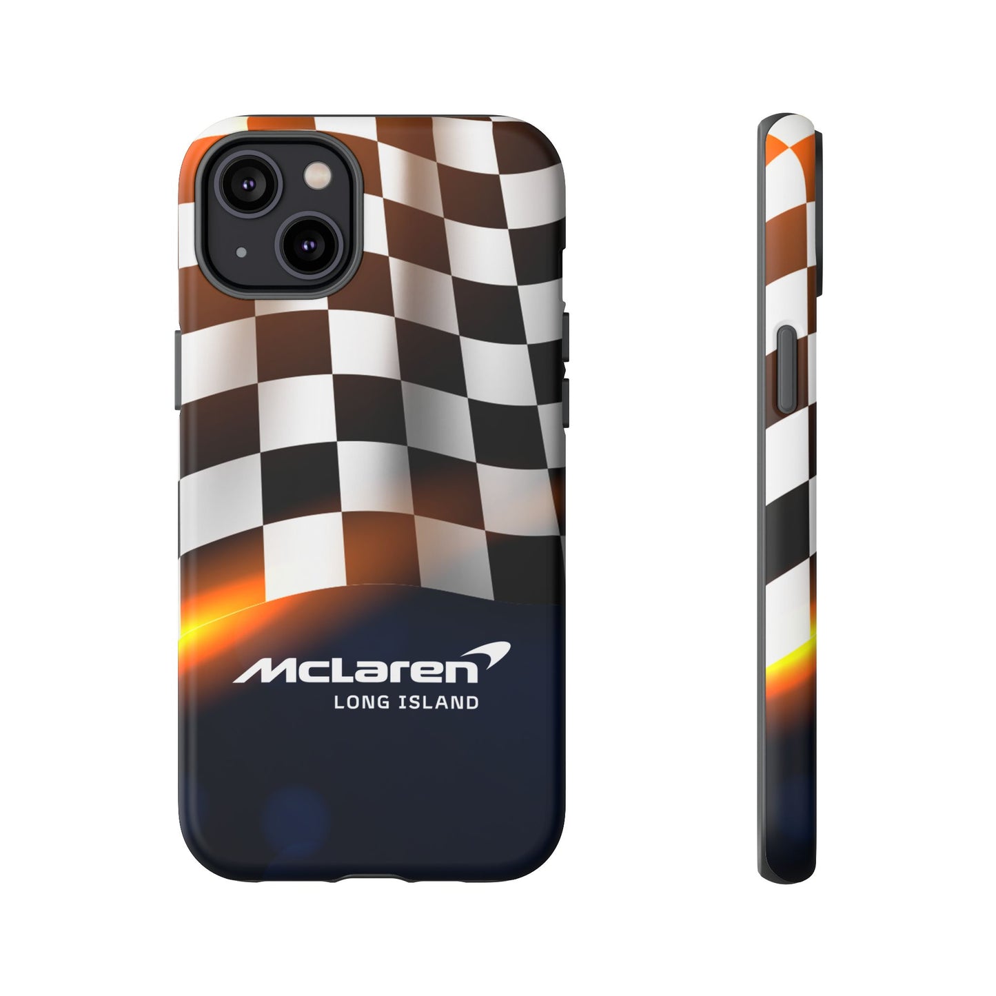 McLaren Long Island F1 Checkered Flag Impact-Resistant Phone Case | Durable Protection for Car Enthusiasts