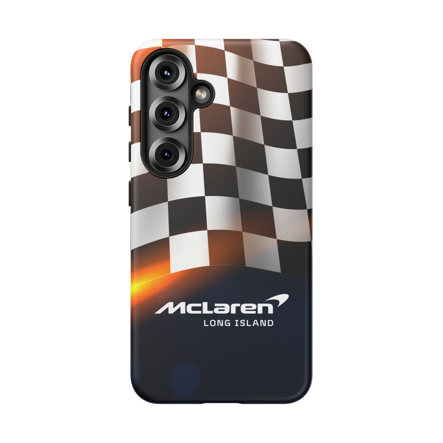 McLaren Long Island F1 Checkered Flag Impact-Resistant Phone Case | Durable Protection for Car Enthusiasts