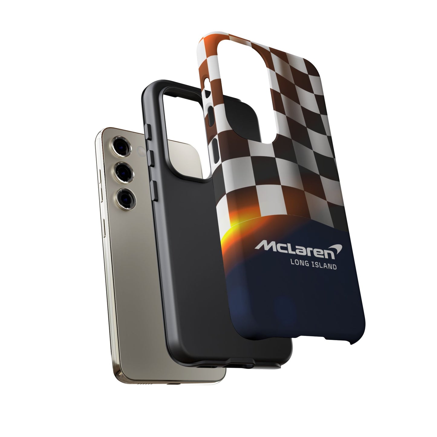 McLaren Long Island F1 Checkered Flag Impact-Resistant Phone Case | Durable Protection for Car Enthusiasts