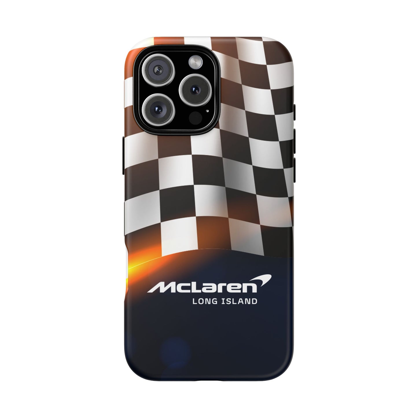 McLaren Long Island F1 Checkered Flag Impact-Resistant Phone Case | Durable Protection for Car Enthusiasts