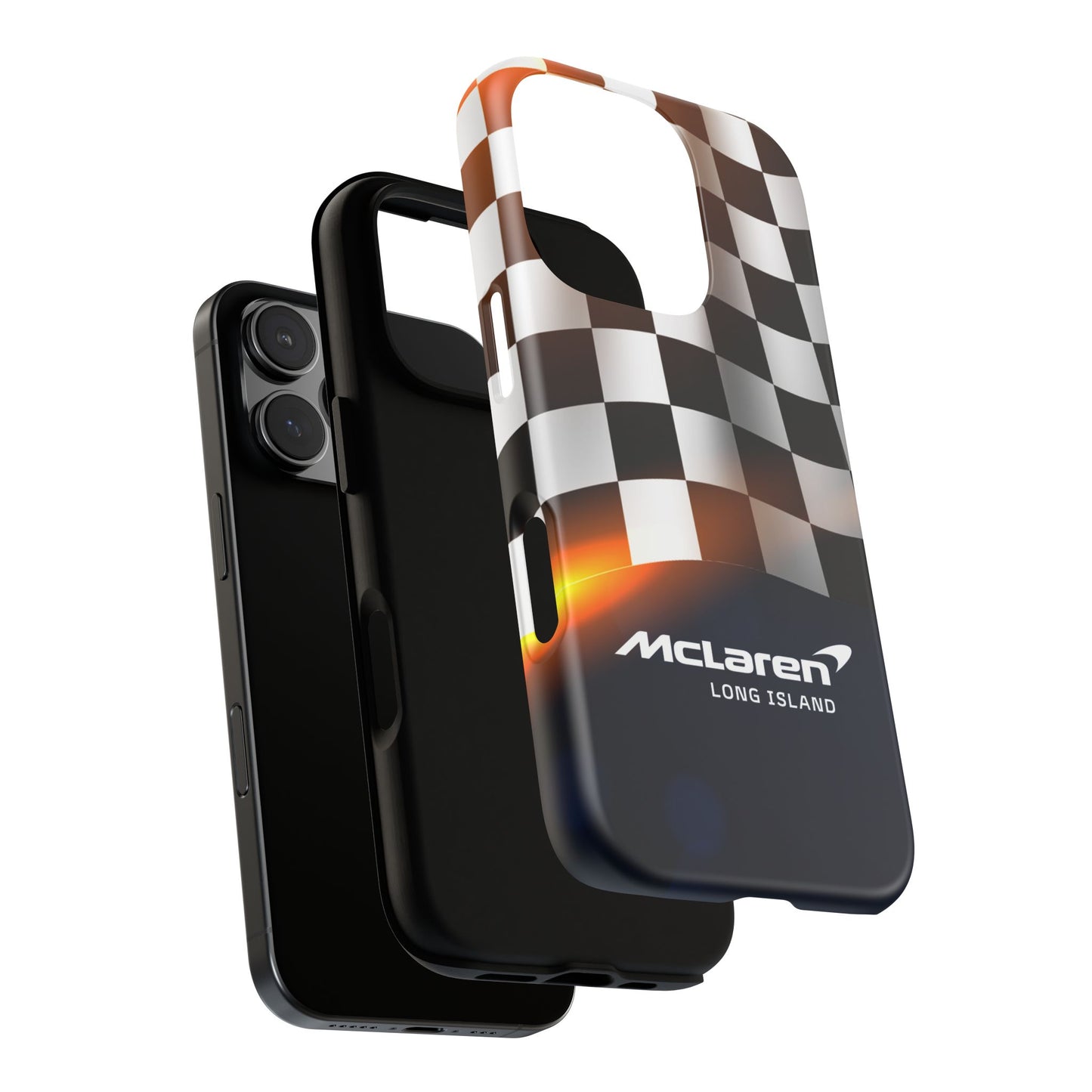 McLaren Long Island F1 Checkered Flag Impact-Resistant Phone Case | Durable Protection for Car Enthusiasts