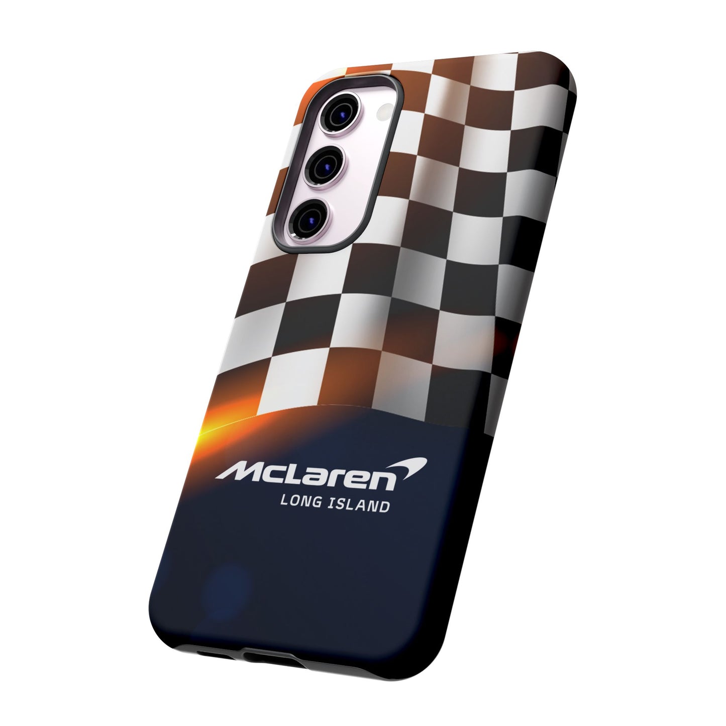 McLaren Long Island F1 Checkered Flag Impact-Resistant Phone Case | Durable Protection for Car Enthusiasts