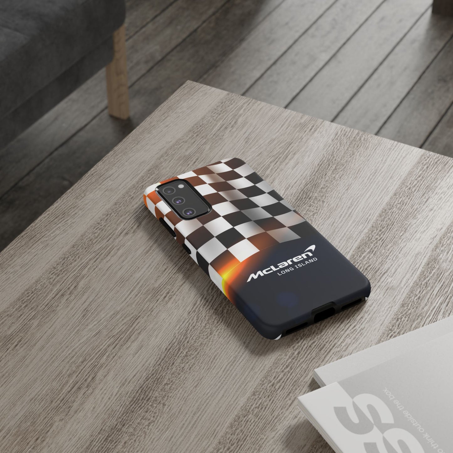 McLaren Long Island F1 Checkered Flag Impact-Resistant Phone Case | Durable Protection for Car Enthusiasts
