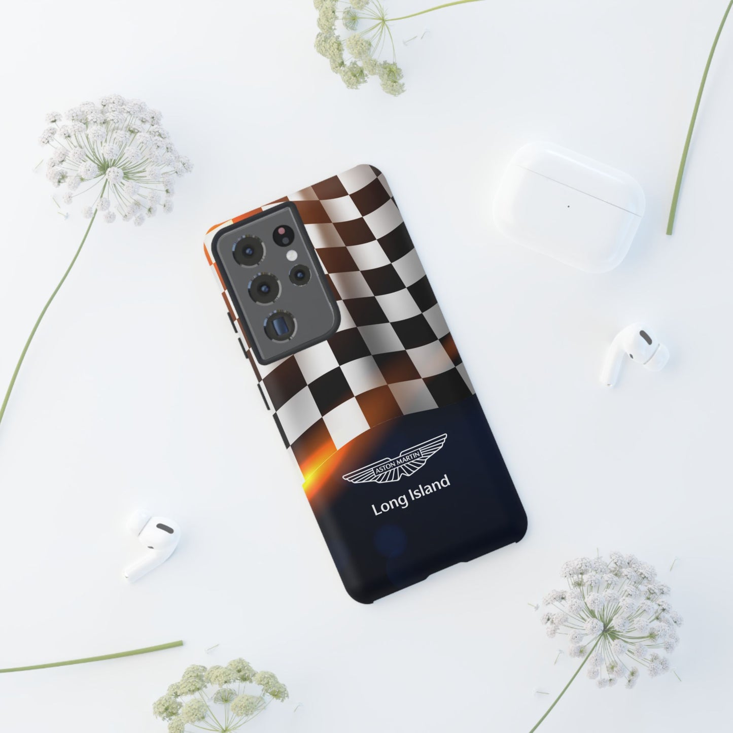 Aston Martin Long Island F1 Checkered Flag Impact-Resistant Phone Case | Durable Protection for Car Enthusiasts