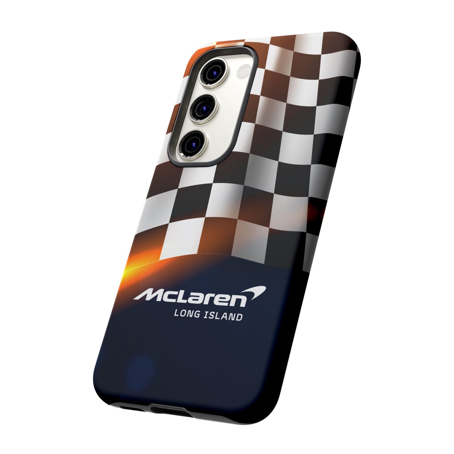 McLaren Long Island F1 Checkered Flag Impact-Resistant Phone Case | Durable Protection for Car Enthusiasts