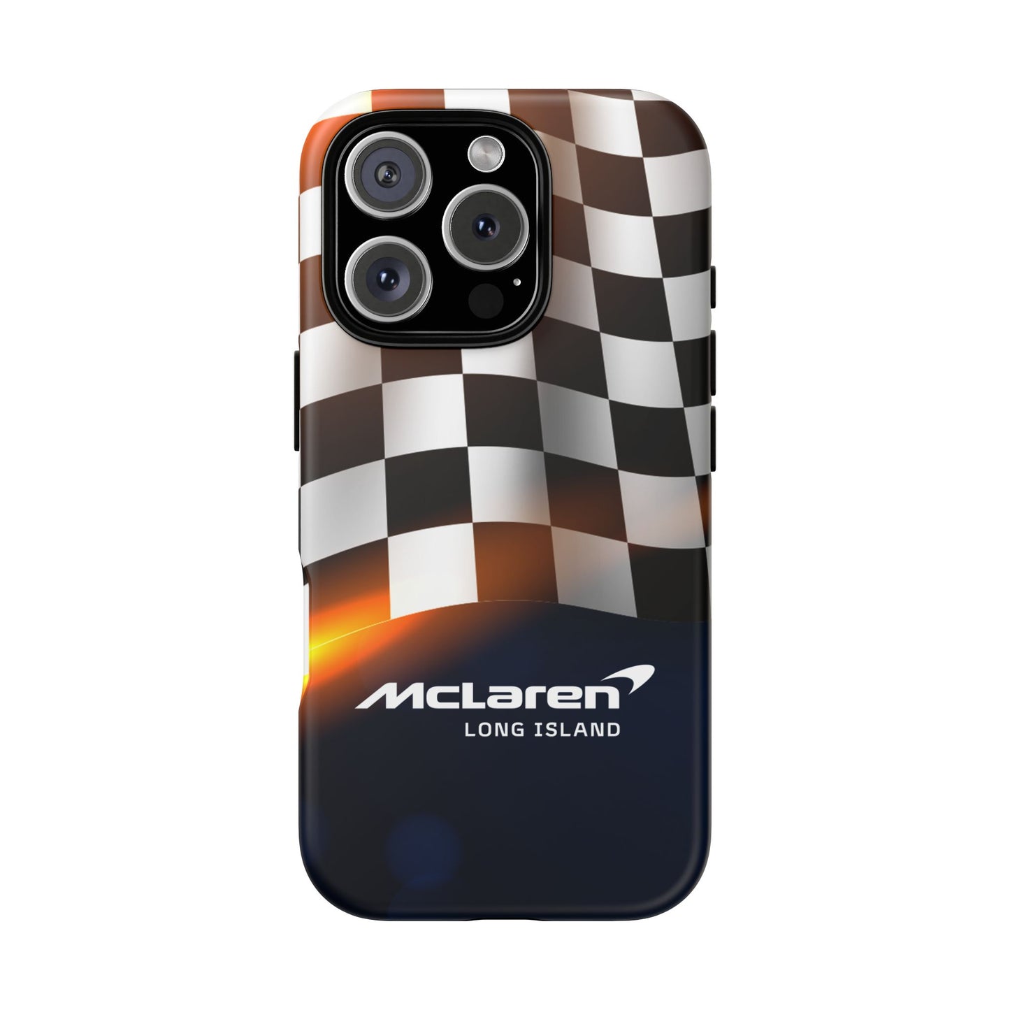 McLaren Long Island F1 Checkered Flag Impact-Resistant Phone Case | Durable Protection for Car Enthusiasts