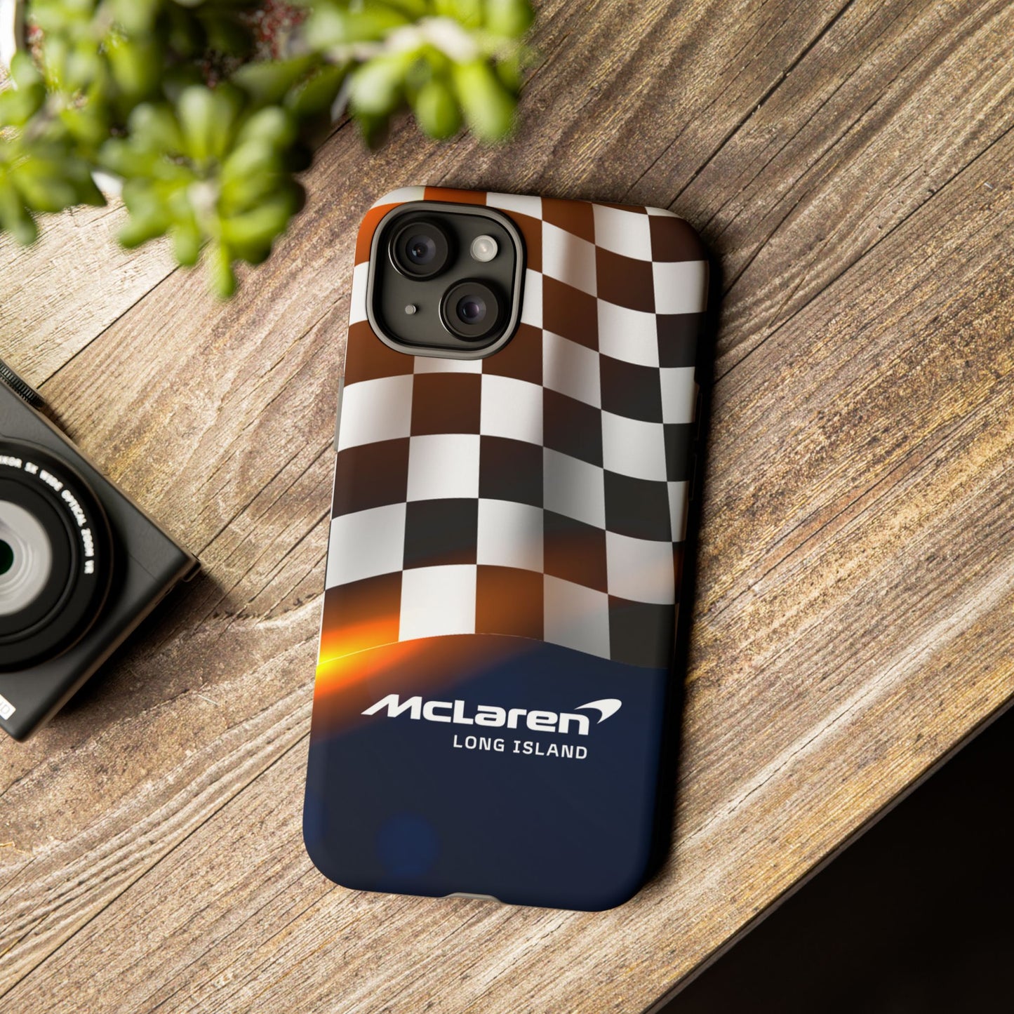 McLaren Long Island F1 Checkered Flag Impact-Resistant Phone Case | Durable Protection for Car Enthusiasts