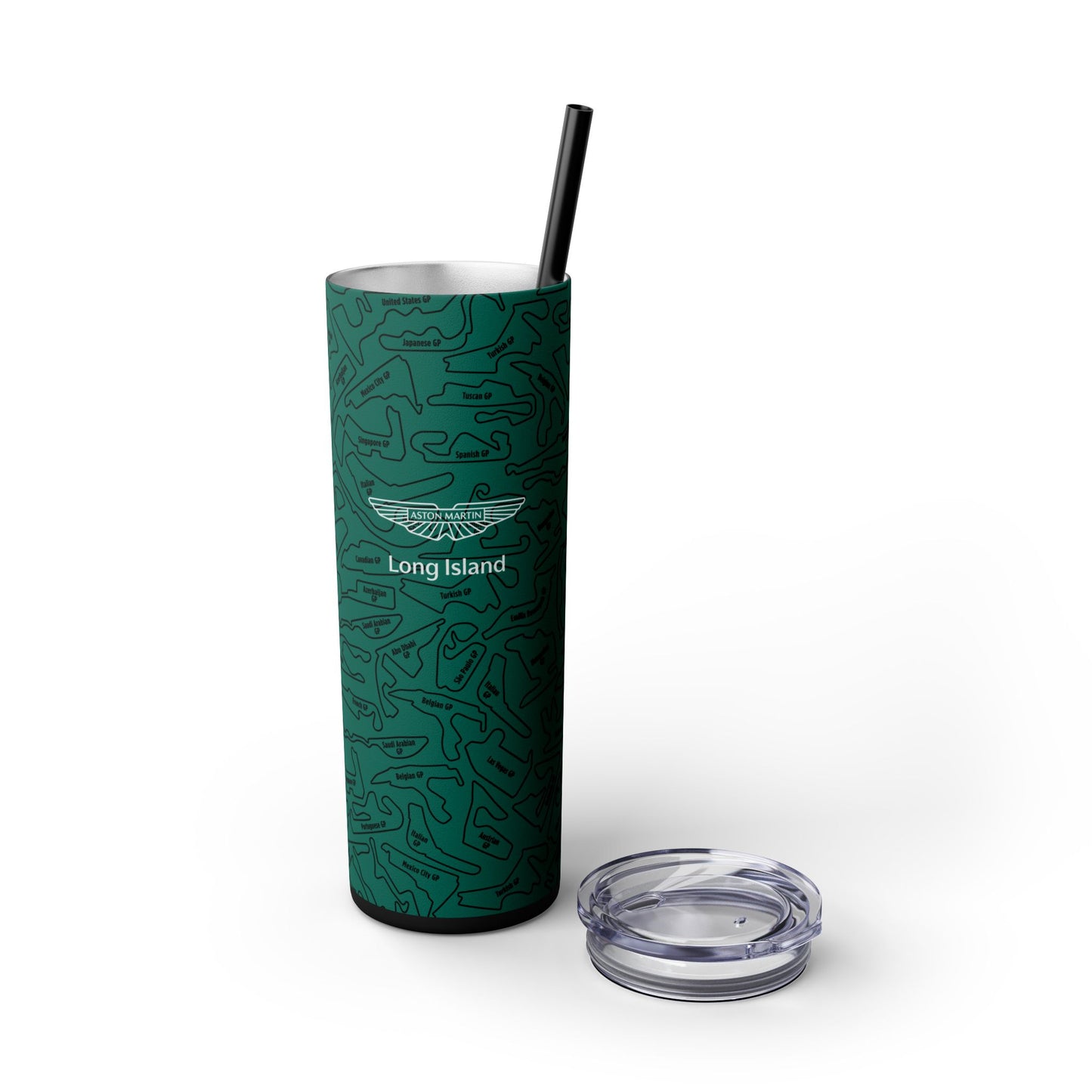 Aston Martin Long Island F1 Race Tracks 20oz Skinny Tumbler with Straw - Sleek Travel Mug for Car Enthusiasts