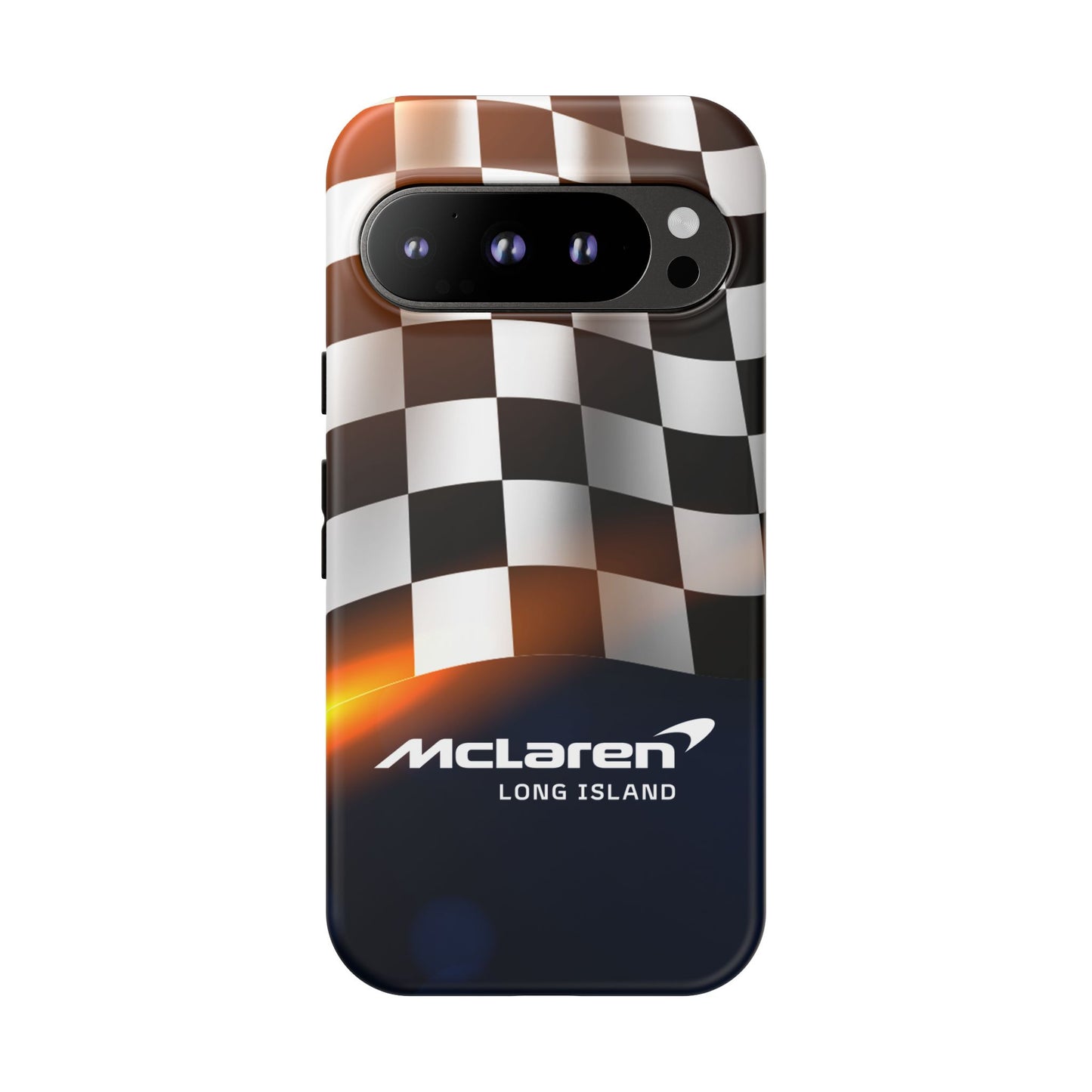 McLaren Long Island F1 Checkered Flag Impact-Resistant Phone Case | Durable Protection for Car Enthusiasts