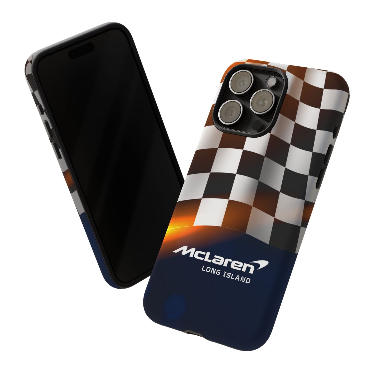 McLaren Long Island F1 Checkered Flag Impact-Resistant Phone Case | Durable Protection for Car Enthusiasts