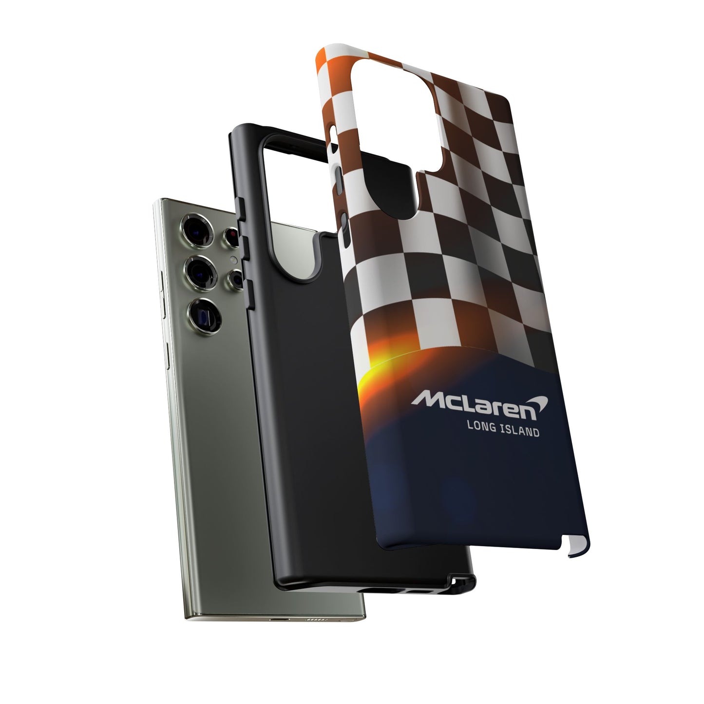 McLaren Long Island F1 Checkered Flag Impact-Resistant Phone Case | Durable Protection for Car Enthusiasts